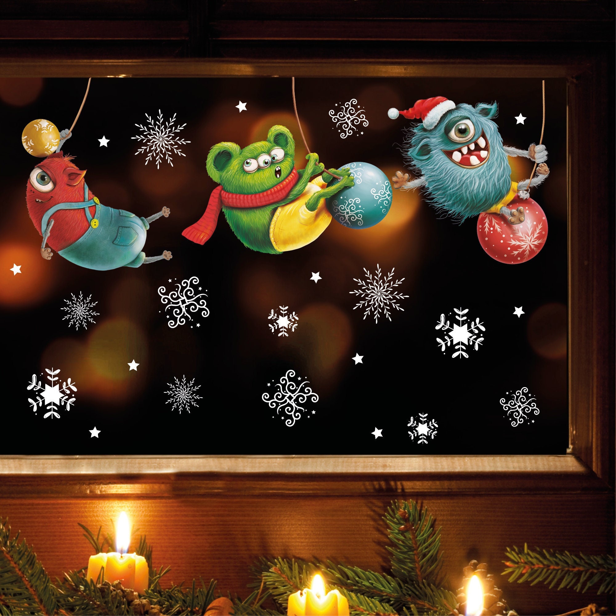 Wiederverwendbares Fensterbild Weihnachten Winter Monster Adventsdeko Kinderzimmer