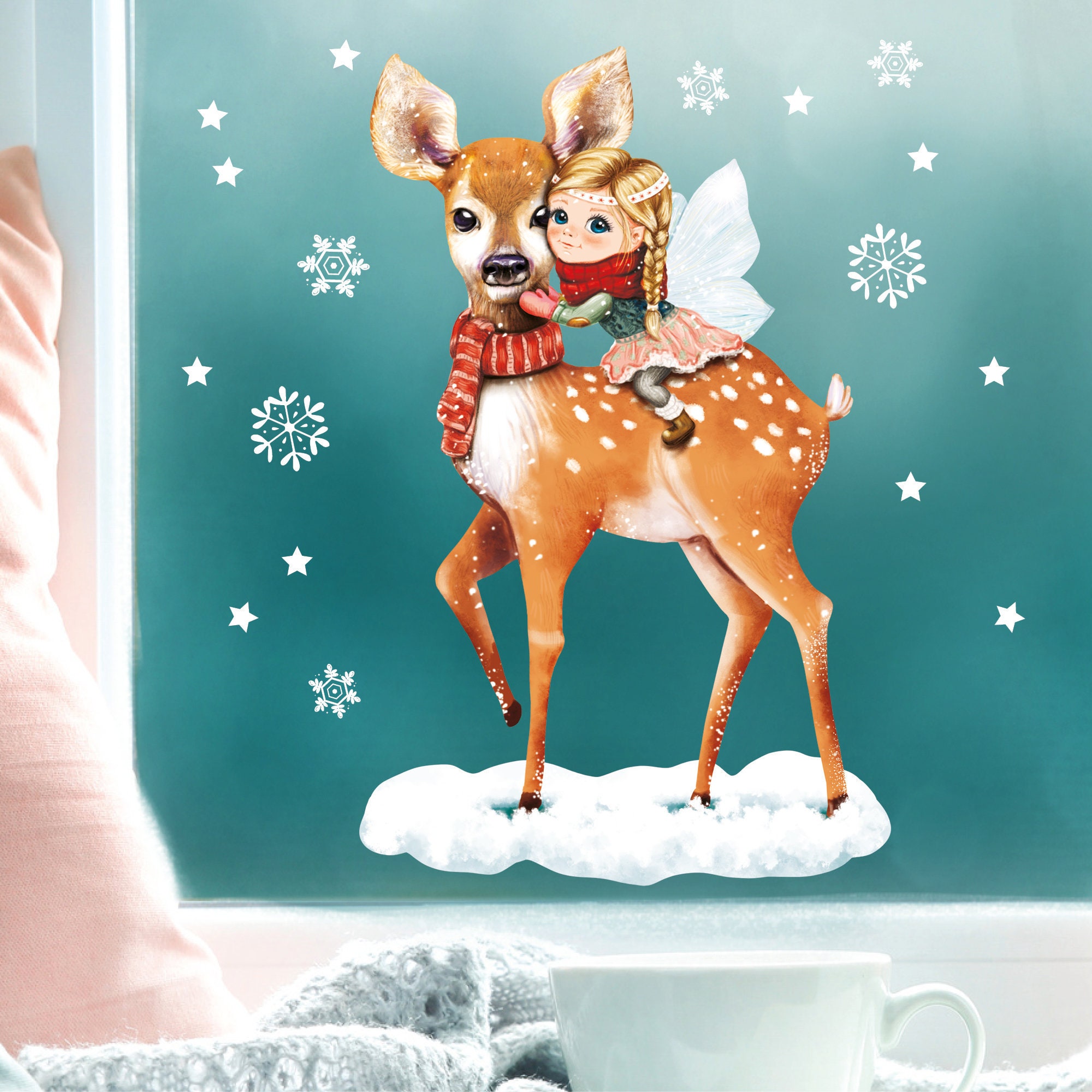 wiederverwendbares Fensterbild Weihnachten Winter Reh und Fee Fensteraufkleber wiederverwendbar