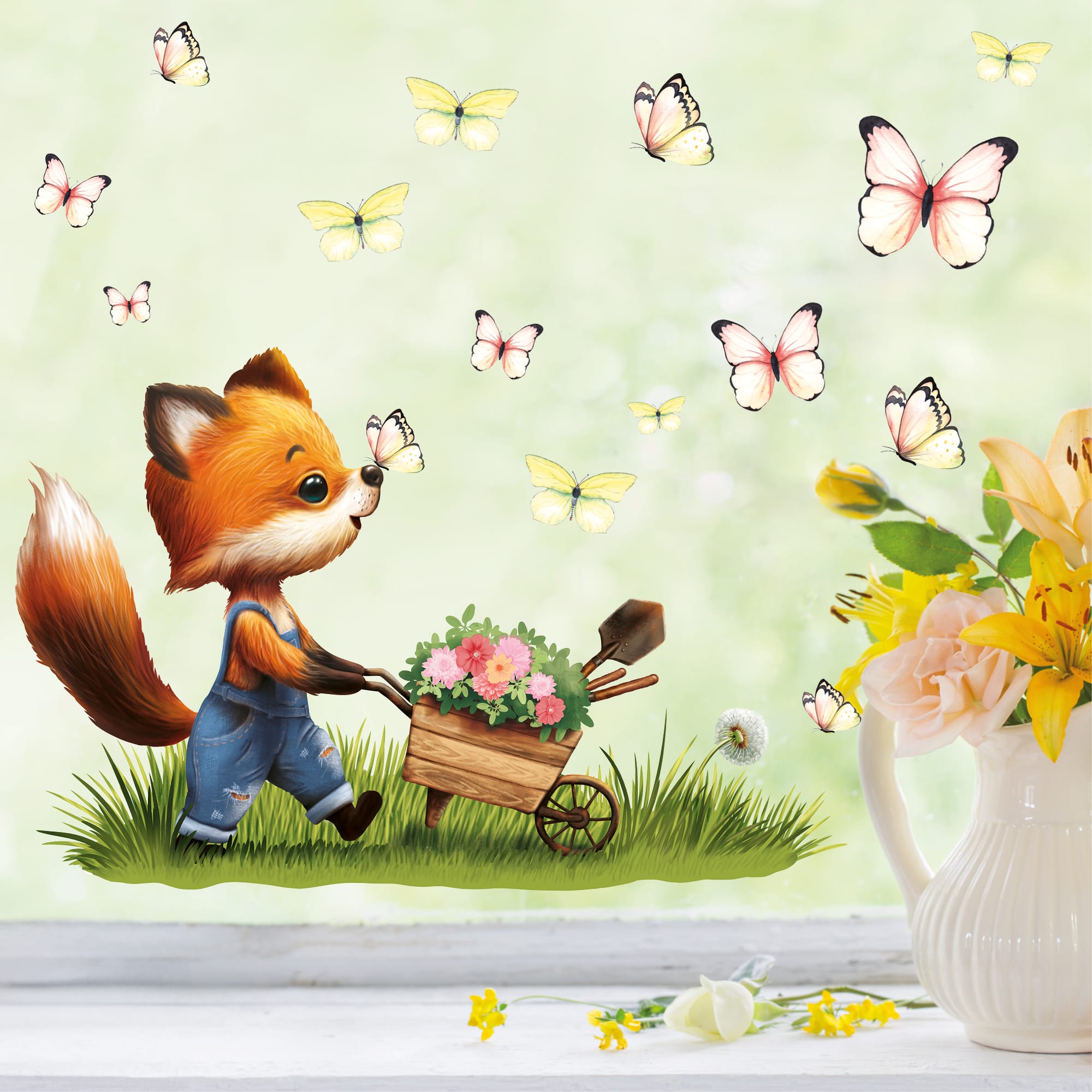Auf dem Bild ist das Produkt: Fensterbild Frühling Ostern Fuchs mit Schubkarre Schmetterlinge wiederverwendbare Fensterdeko Kinderzimmer Kind zum Preis von €14.9 abgebildet.