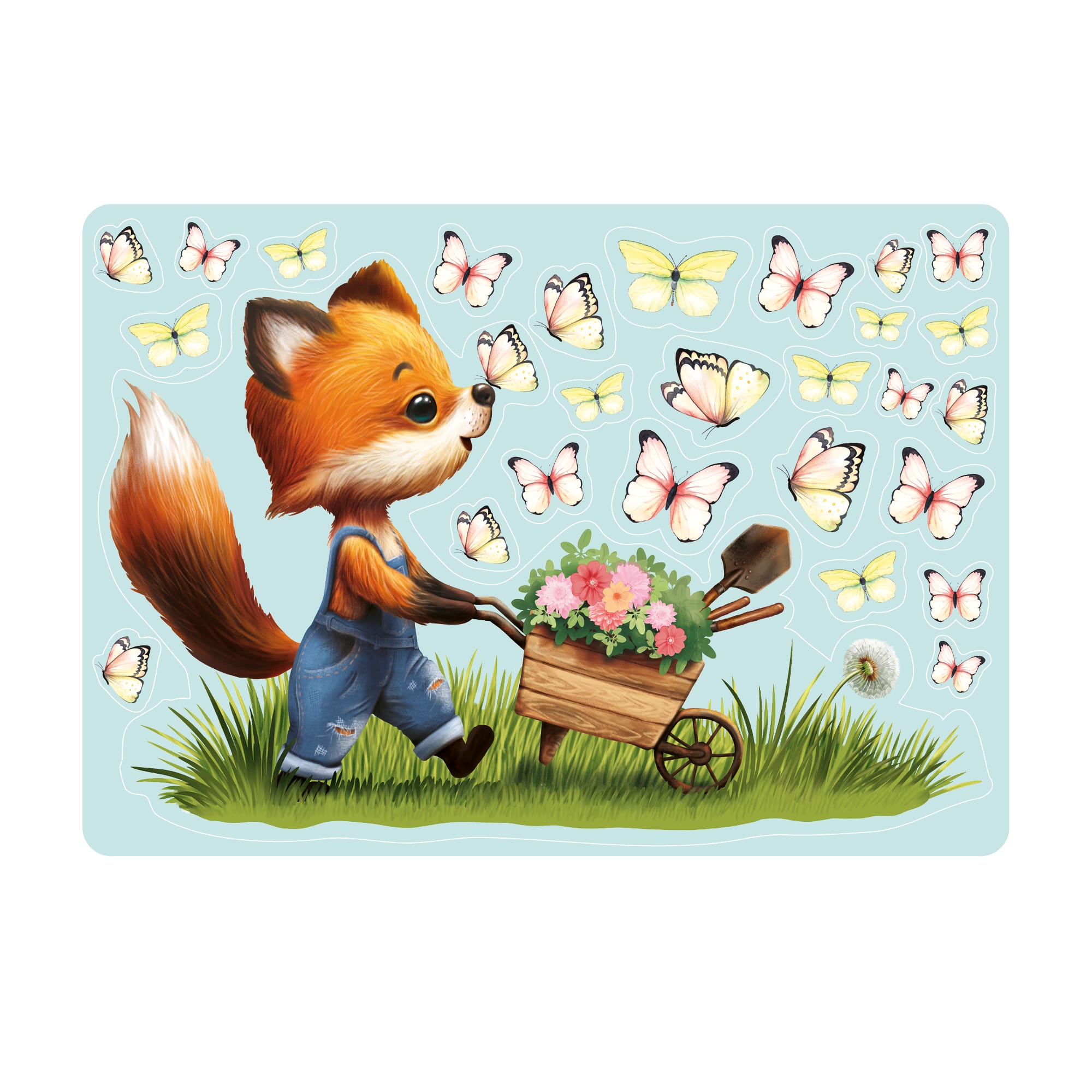 Auf dem Bild ist das Produkt: Fensterbild Frühling Ostern Fuchs mit Schubkarre Schmetterlinge wiederverwendbare Fensterdeko Kinderzimmer Kind zum Preis von €14.9 abgebildet.