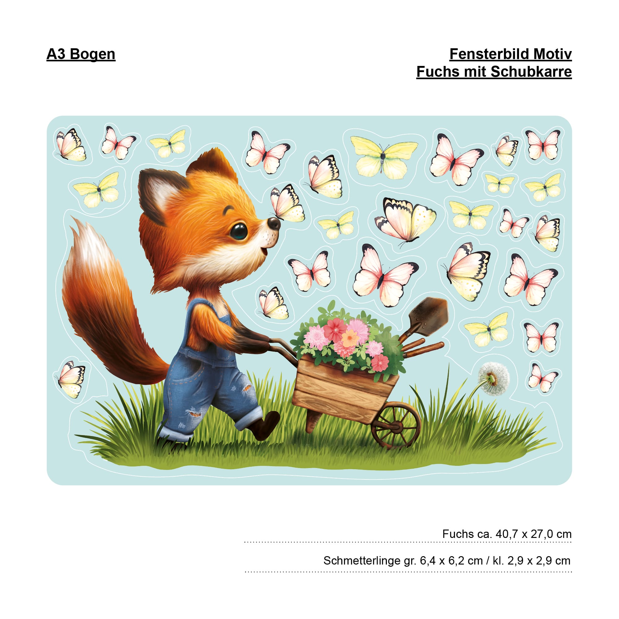 Auf dem Bild ist das Produkt: Fensterbild Frühling Ostern Fuchs mit Schubkarre Schmetterlinge wiederverwendbare Fensterdeko Kinderzimmer Kind zum Preis von €14.9 abgebildet.