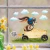 Auf dem Bild ist das Produkt: Fensterbild Frühling Ostern Hase blau Seifenkiste Rennauto wiederverwendbare Fensterdeko Kinderzimmer Kind, Frühlingsdekoration, Osterdeko zum Preis von €13.90 abgebildet.