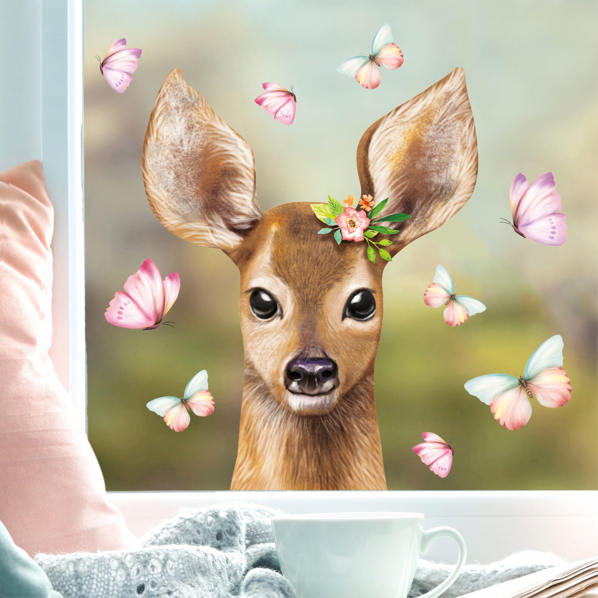 Auf dem Bild ist das Produkt: Fensterbild Frühling Ostern Reh mit Blumen und Schmetterlingen Fensterdeko Kinderzimmer Kind, Frühlingsdeko, Osterdeko zum Preis von €13.90 abgebildet.