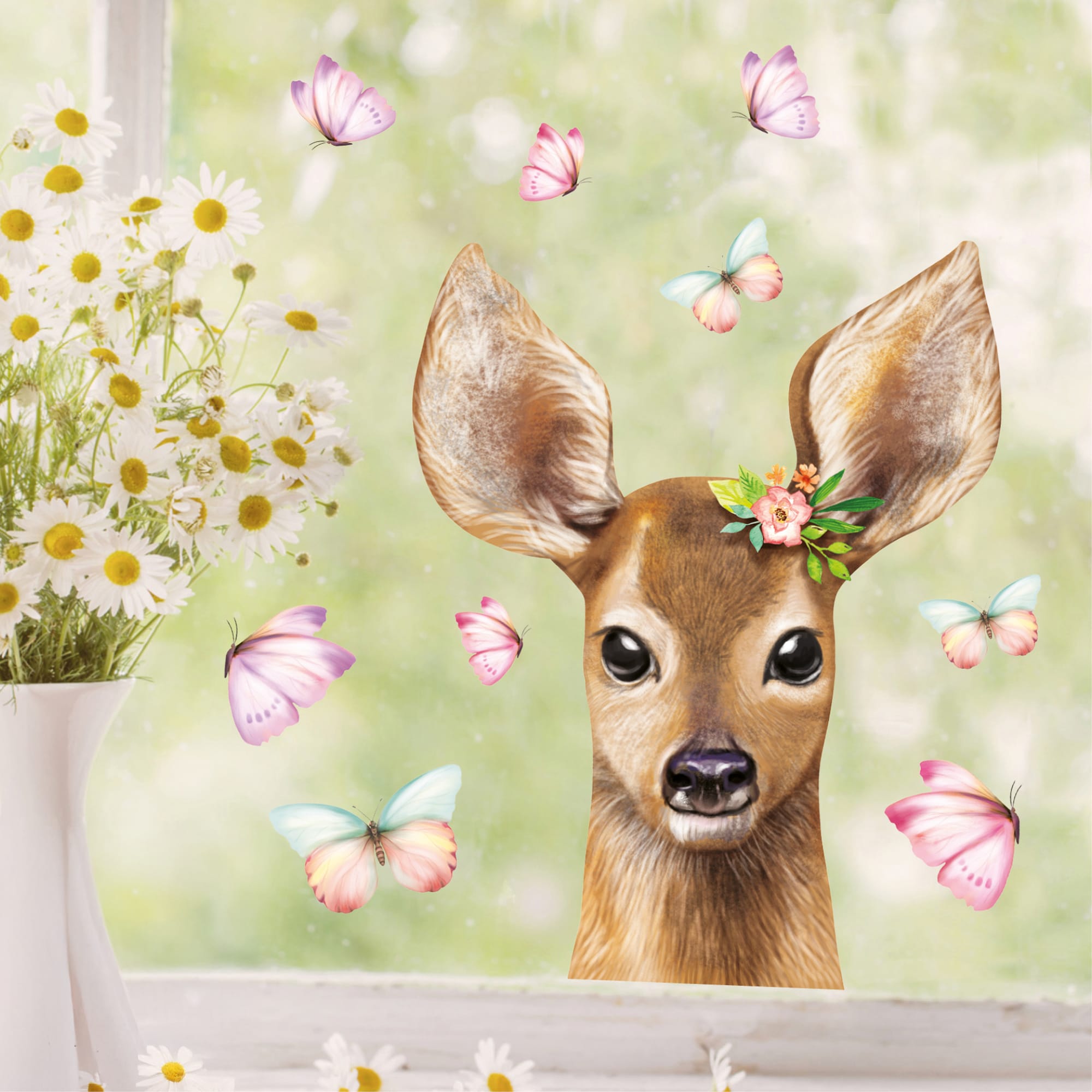 Fensterbild Frühling Ostern Reh mit Blumen und Schmetterlingen Fensterdeko Kinderzimmer Kind, Frühlingsdeko, Osterdeko