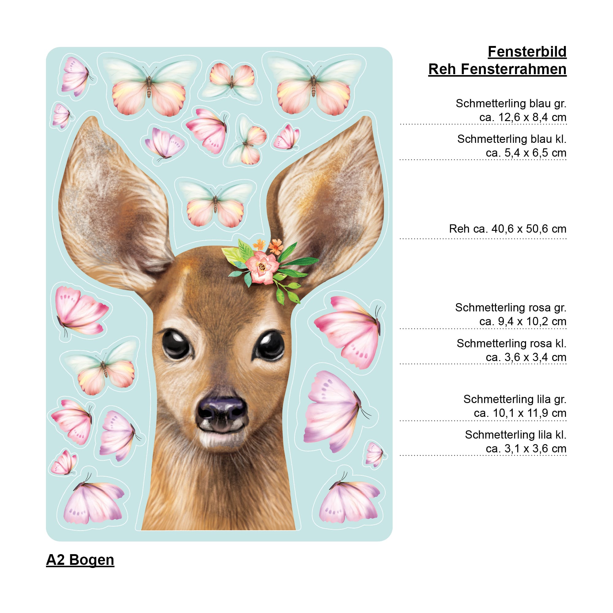 Auf dem Bild ist das Produkt: Fensterbild Frühling Ostern Reh mit Blumen und Schmetterlingen Fensterdeko Kinderzimmer Kind, Frühlingsdeko, Osterdeko zum Preis von €13.90 abgebildet.