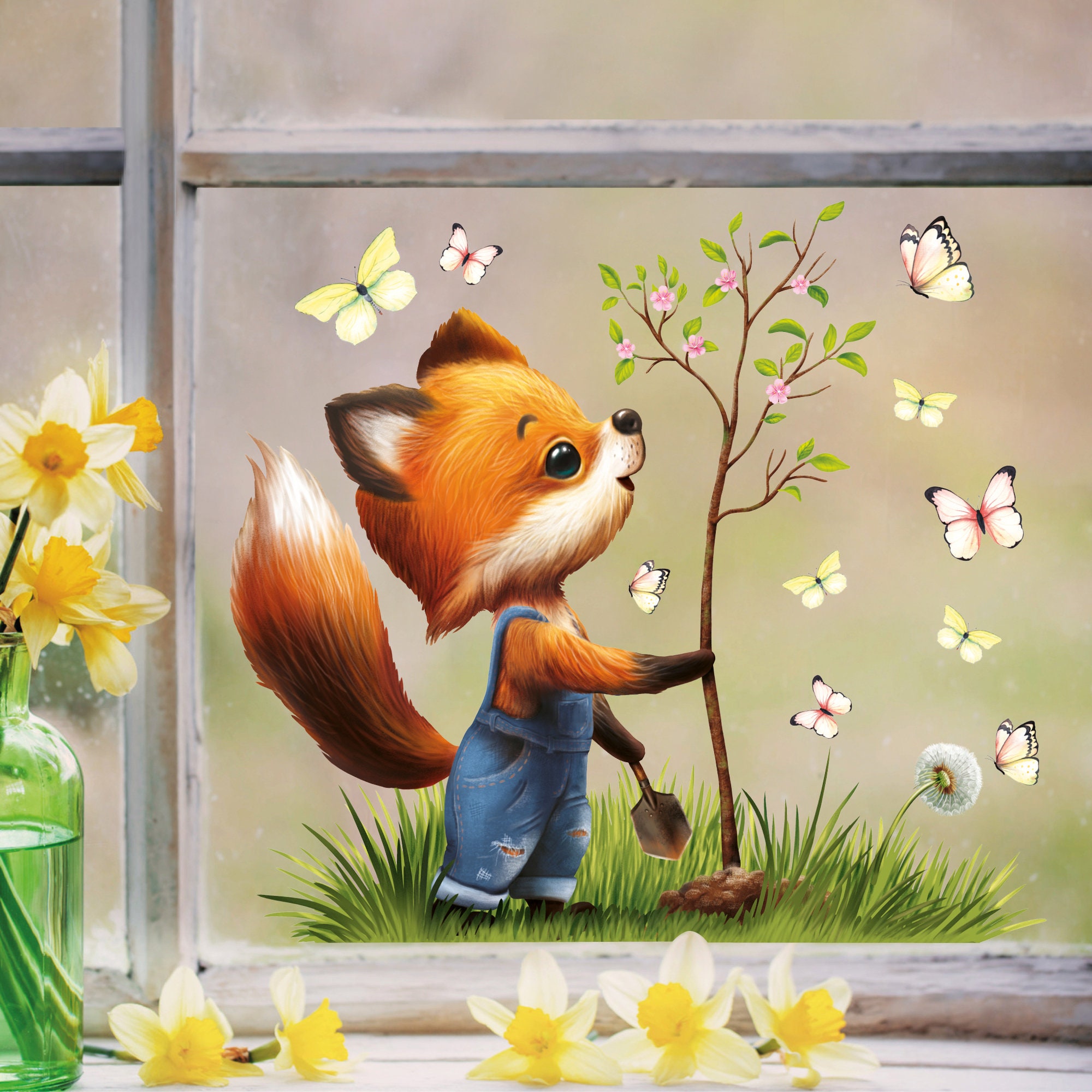 Fensterbild Frühling Ostern Fuchs mit Baum Schmetterlinge Fensterdeko Kinderzimmer Kind, Osterdekoration, Frühlingsdeko
