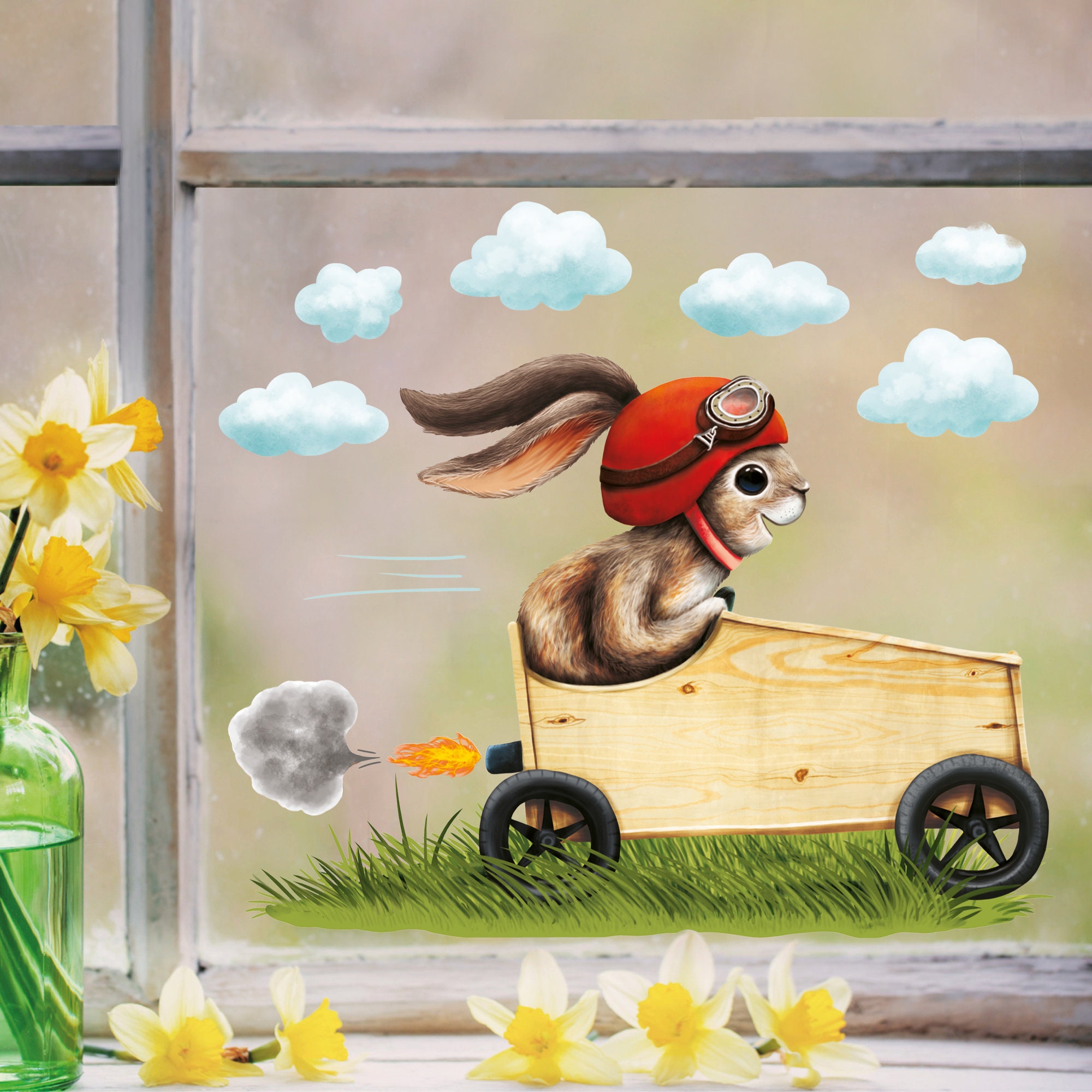 Fensterbild Frühling Ostern Hase rot Seifenkiste Rennauto wiederverwendbare Fensterdeko Kinderzimmer Kind