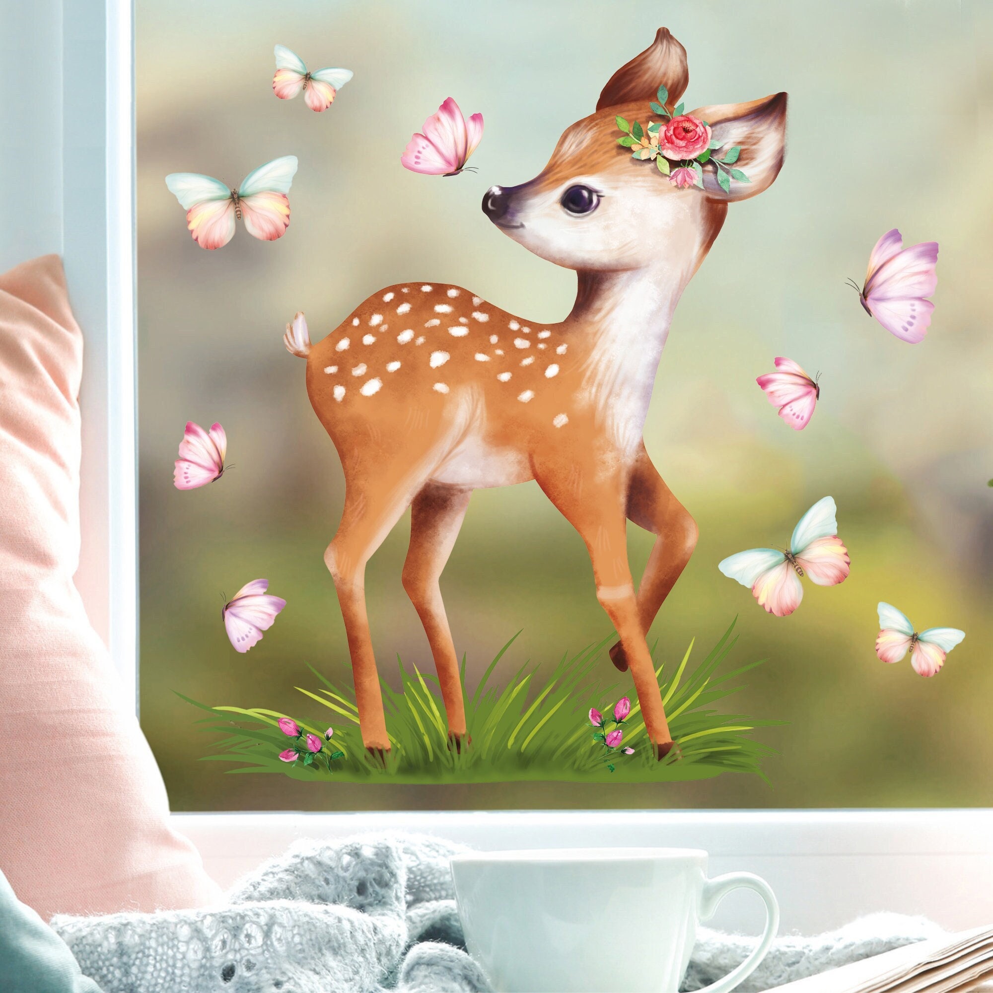 Fensterbild Frühling Ostern Reh mit Schmetterlingen Fensterdeko Kinderzimmer Kind, Frühlingsdeko