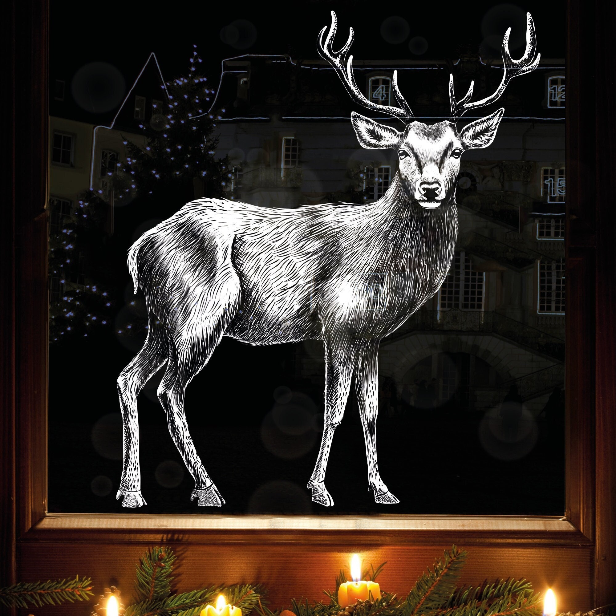 Wiederverwendbares Fensterbild weißer Hirsch Fensterdekoration Weihnachten Winter Fensterdeko