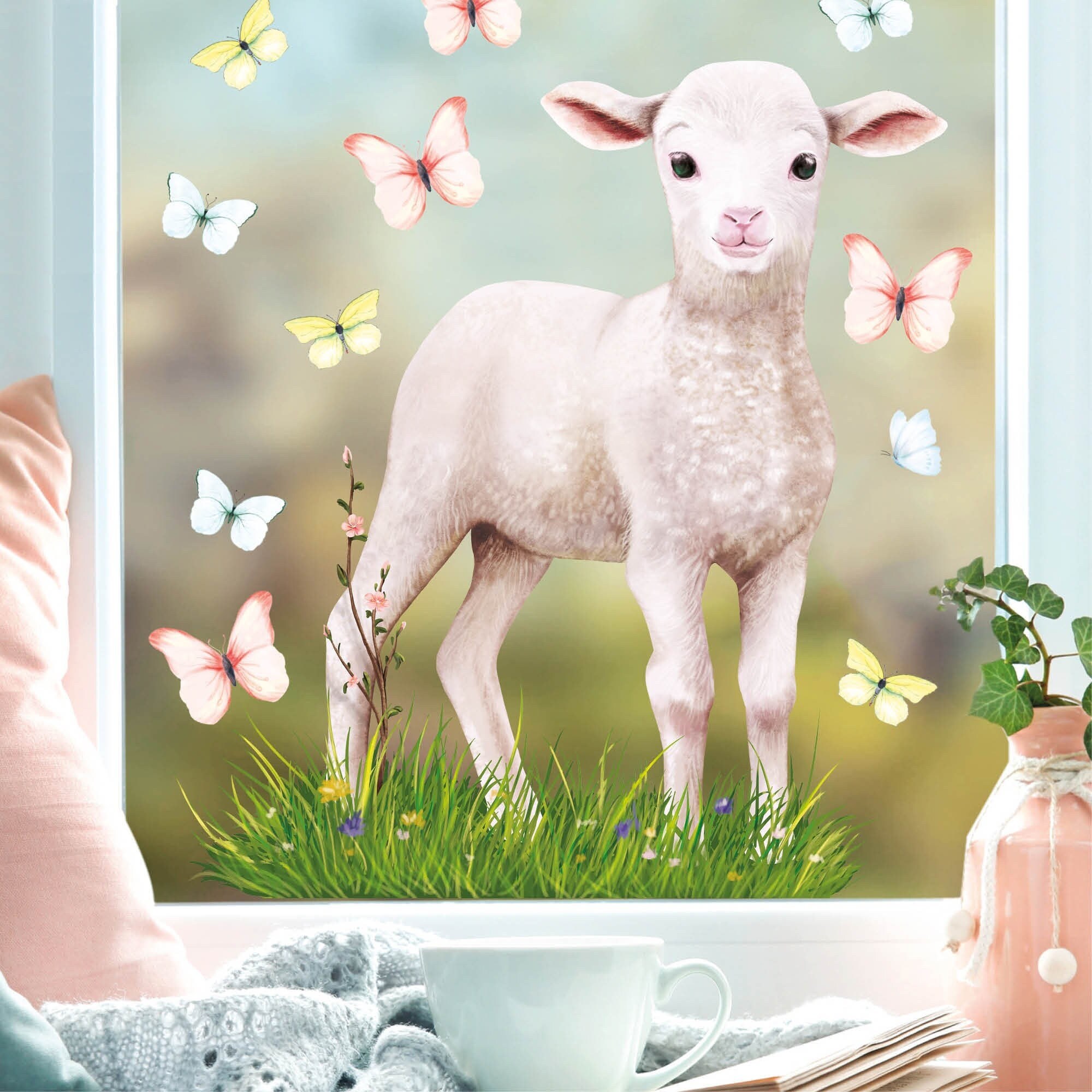 Fensterbild Frühling Wiederverwendbar Lamm Blumenwiese Schmetterlinge Fensterdeko Kinder Frühlingsdeko Osterdeko