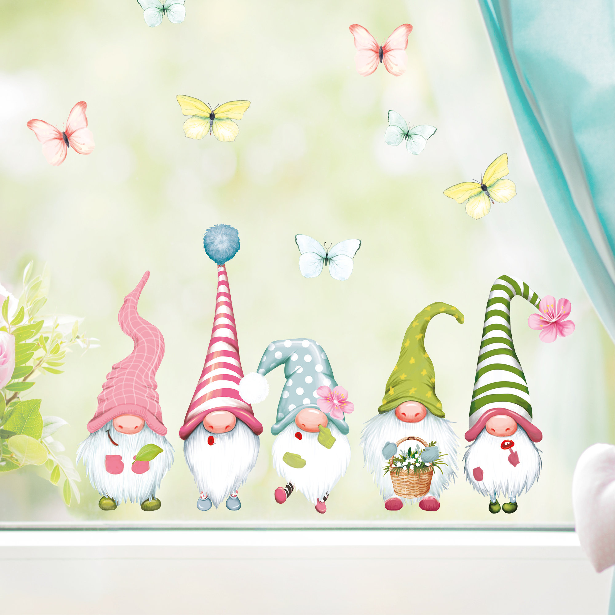 Fensterbild Frühling Ostern 5 Zwerge Schmetterlinge Fensterdeko Kinderzimmer Kind Frühlingsdeko Osterdeko für Mädchen