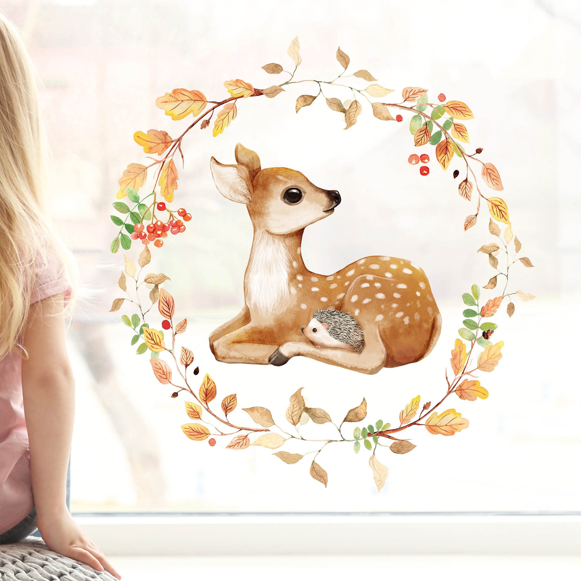 Fensterbild Rehkitz und Igel im Blätterkranz Herbstlicher Fensteraufkleber Fensterdeko wiederverwendbare Fensteraufkleber Kinderzimmer Kind
