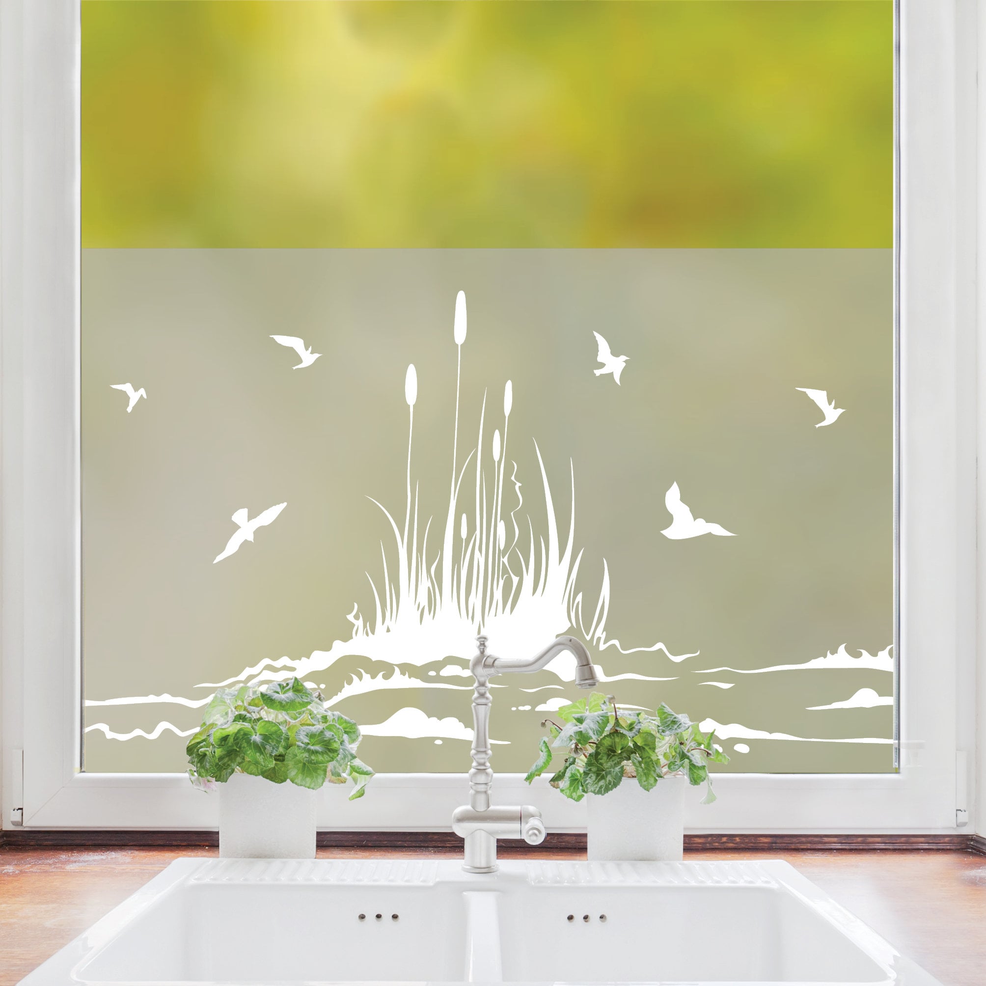 Sichtschutzfolie Vögel mit Schilf am Ufer, maritime Fensterfolie, Fensterdeko Milchglasfolie