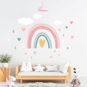 Auf dem Bild ist das Produkt: Wandtattoo Loft Regenbogen Sticker Herzen Wolken Tropfen Deko Kinderzimmer Mädchen Junge Pastellfarben Wandaufkleber zum Preis von €29.9 abgebildet.