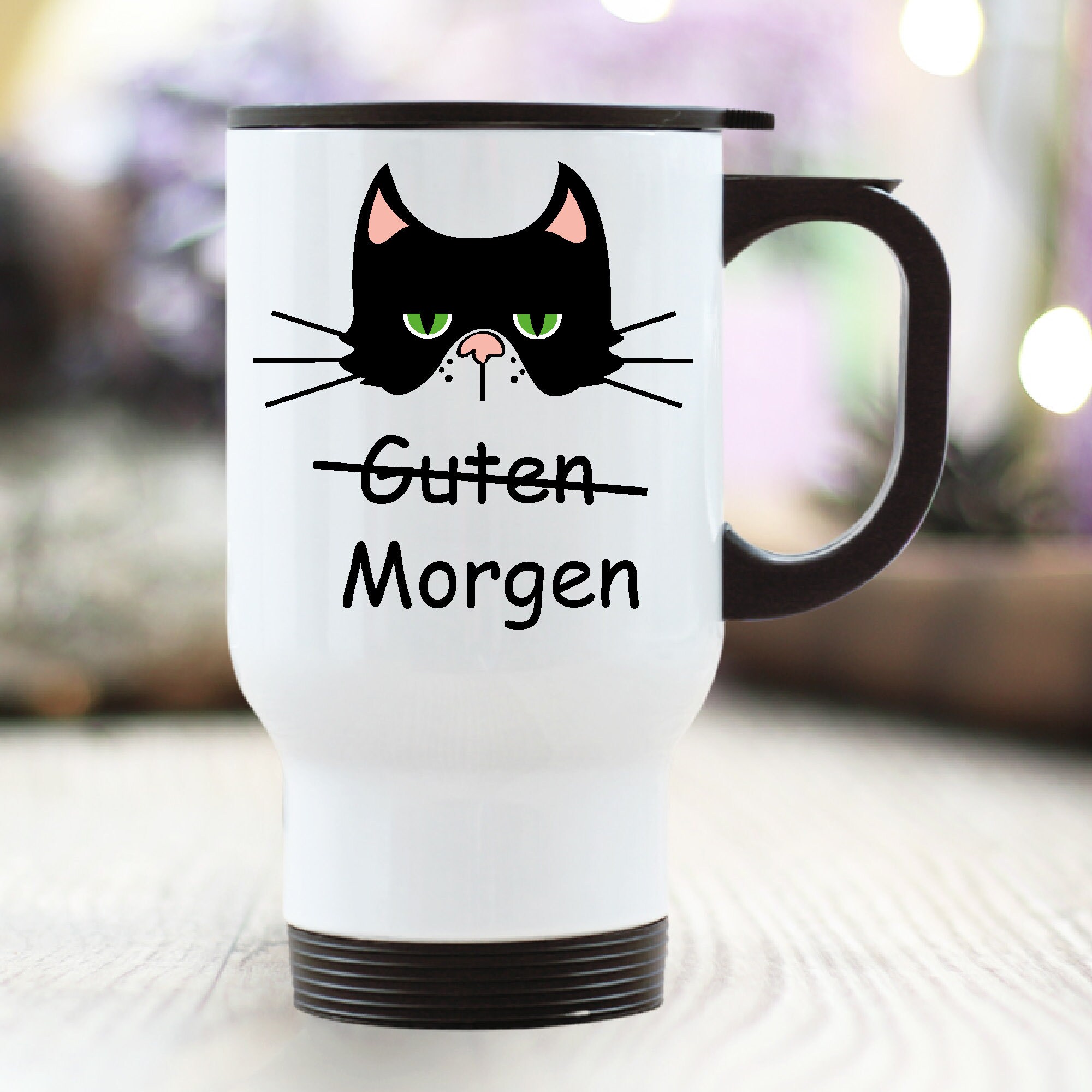 Edelstahl Thermobecher To Go Katze Grimmig Grumpy cat Guten Morgen Geschenk Geburtstag 390 ml mit Griff