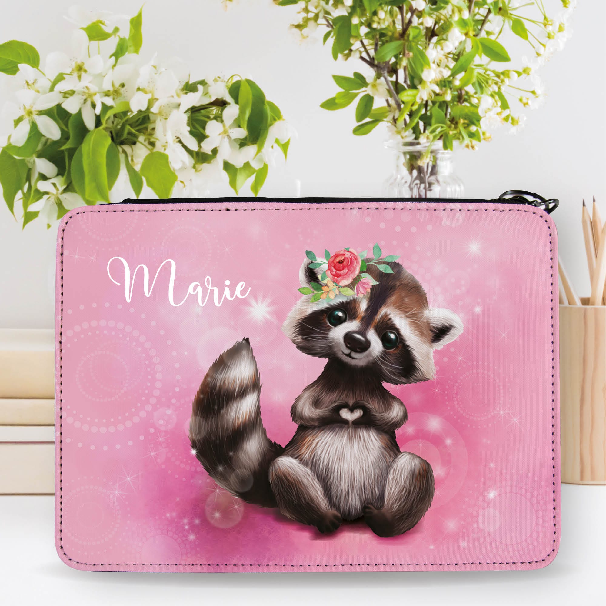 Gefüllte Federtasche Federmäppchen Waschbär personalisiert Wunschname Mädchen Schule Einschulungsgeschenk