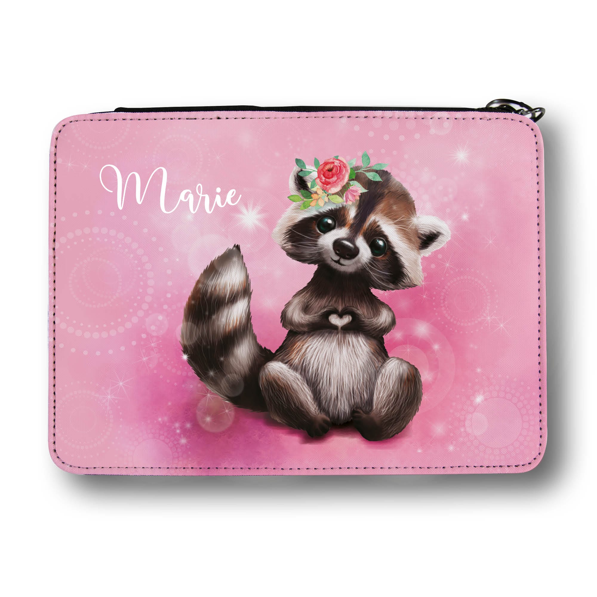 Auf dem Bild ist das Produkt: Gefüllte Federtasche Federmäppchen Waschbär personalisiert Wunschname Mädchen Schule Einschulungsgeschenk zum Preis von €29.9 abgebildet.