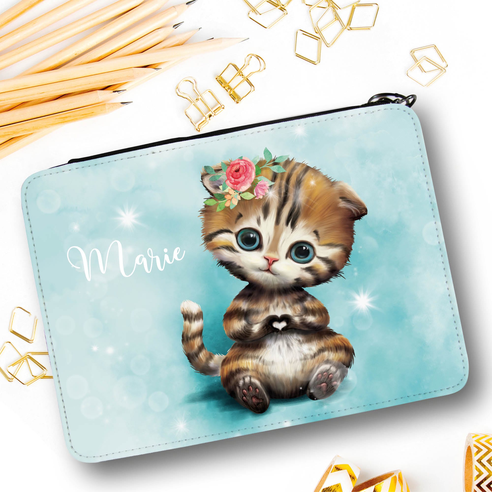 Gefüllte Federtasche Katze Federmäppchen personalisiert Wunschname Mädchen Einschulungsgeschenk