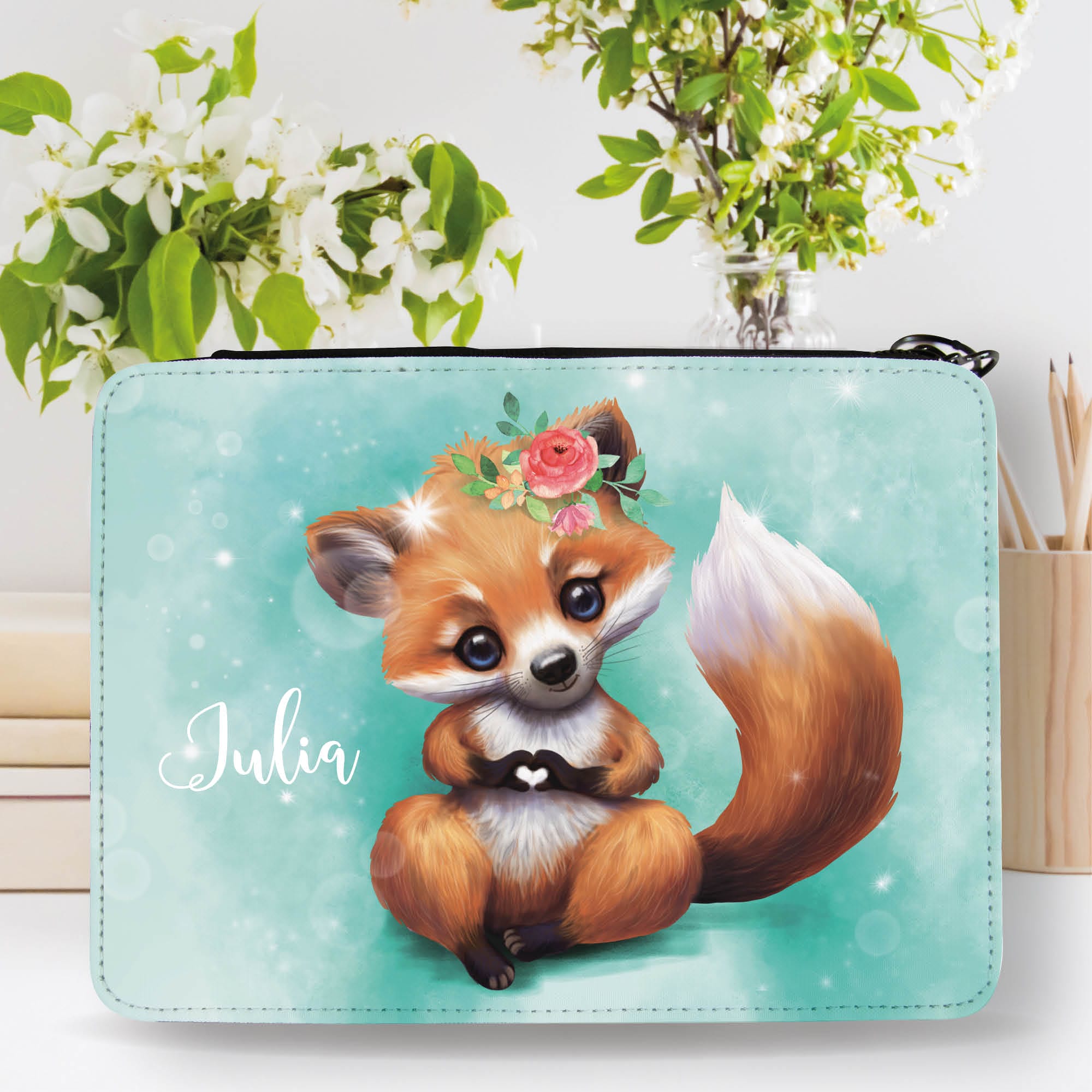 Gefüllte Federtasche Federmäppchen Fuchs personalisiert mit Wunschnamen Mädchen Einschulungsgeschenk