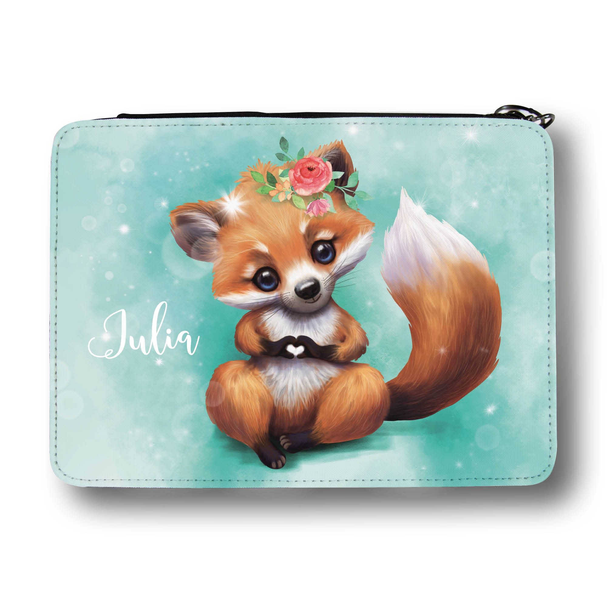 Auf dem Bild ist das Produkt: Gefüllte Federtasche Federmäppchen Fuchs personalisiert mit Wunschnamen Mädchen Einschulungsgeschenk zum Preis von €29.9 abgebildet.