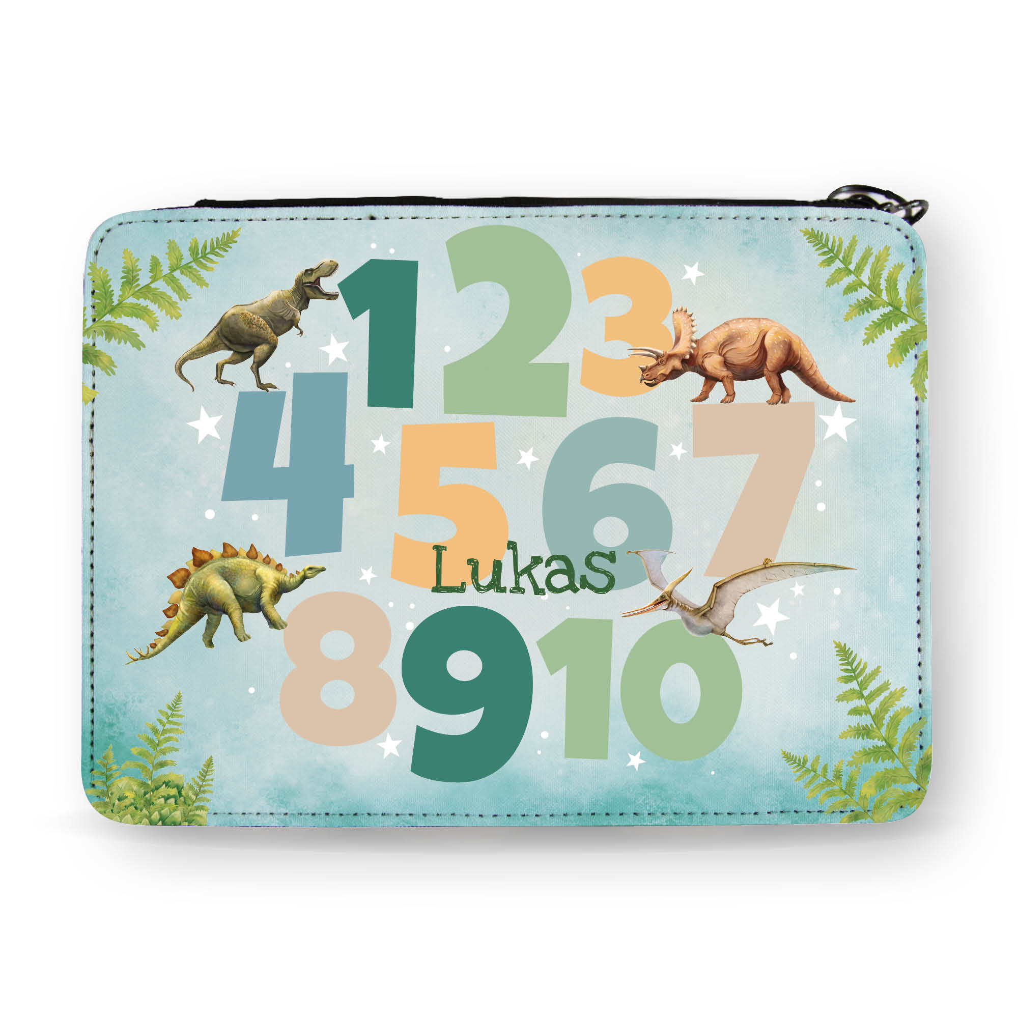 Auf dem Bild ist das Produkt: Gefüllte personalisierte Federtasche Federmäppchen Zahlen und Dinosaurier, Schulkind Schulanfang Schule, Einschulungsgeschenk zum Preis von €29.9 abgebildet.