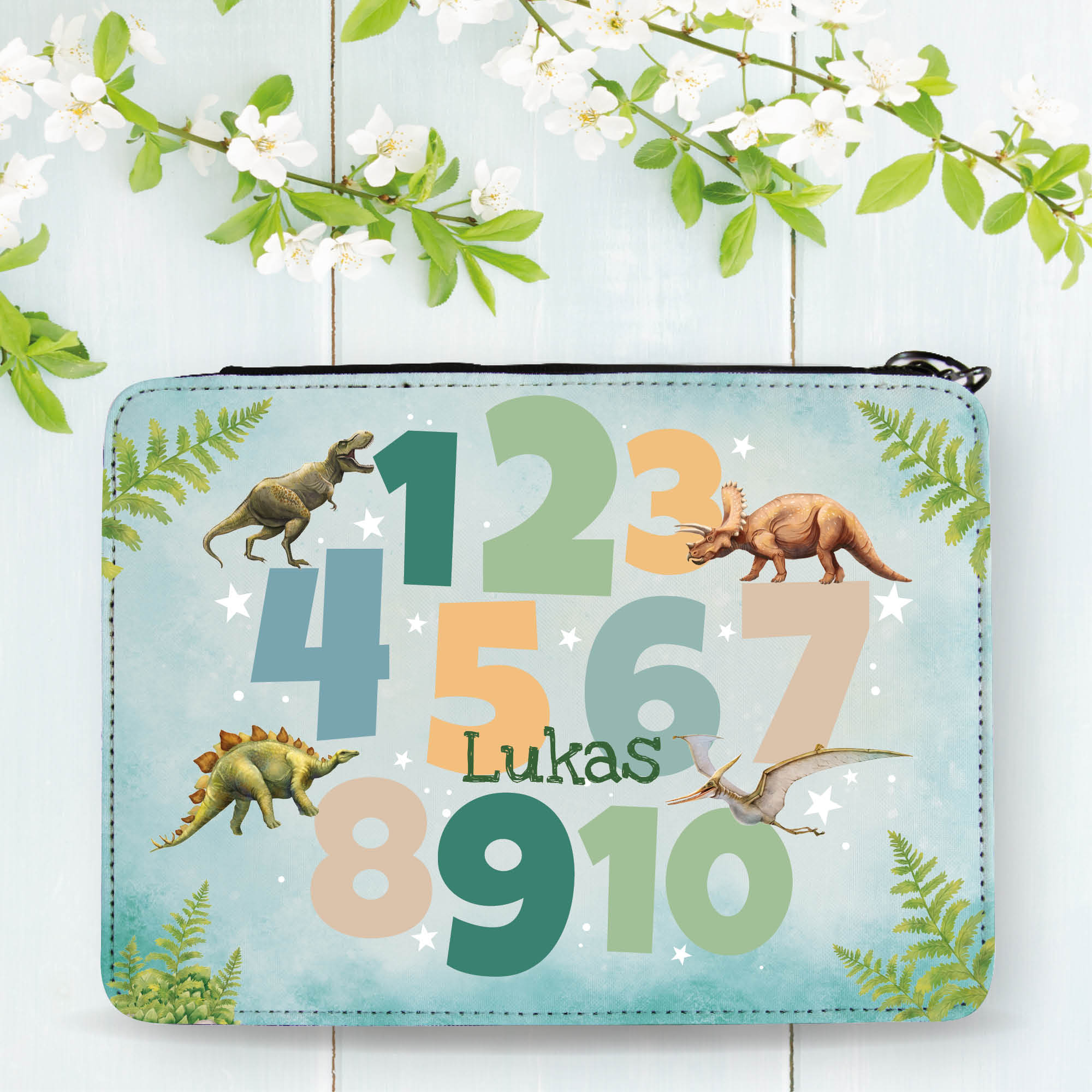 Gefüllte personalisierte Federtasche Federmäppchen Zahlen und Dinosaurier, Schulkind Schulanfang Schule, Einschulungsgeschenk