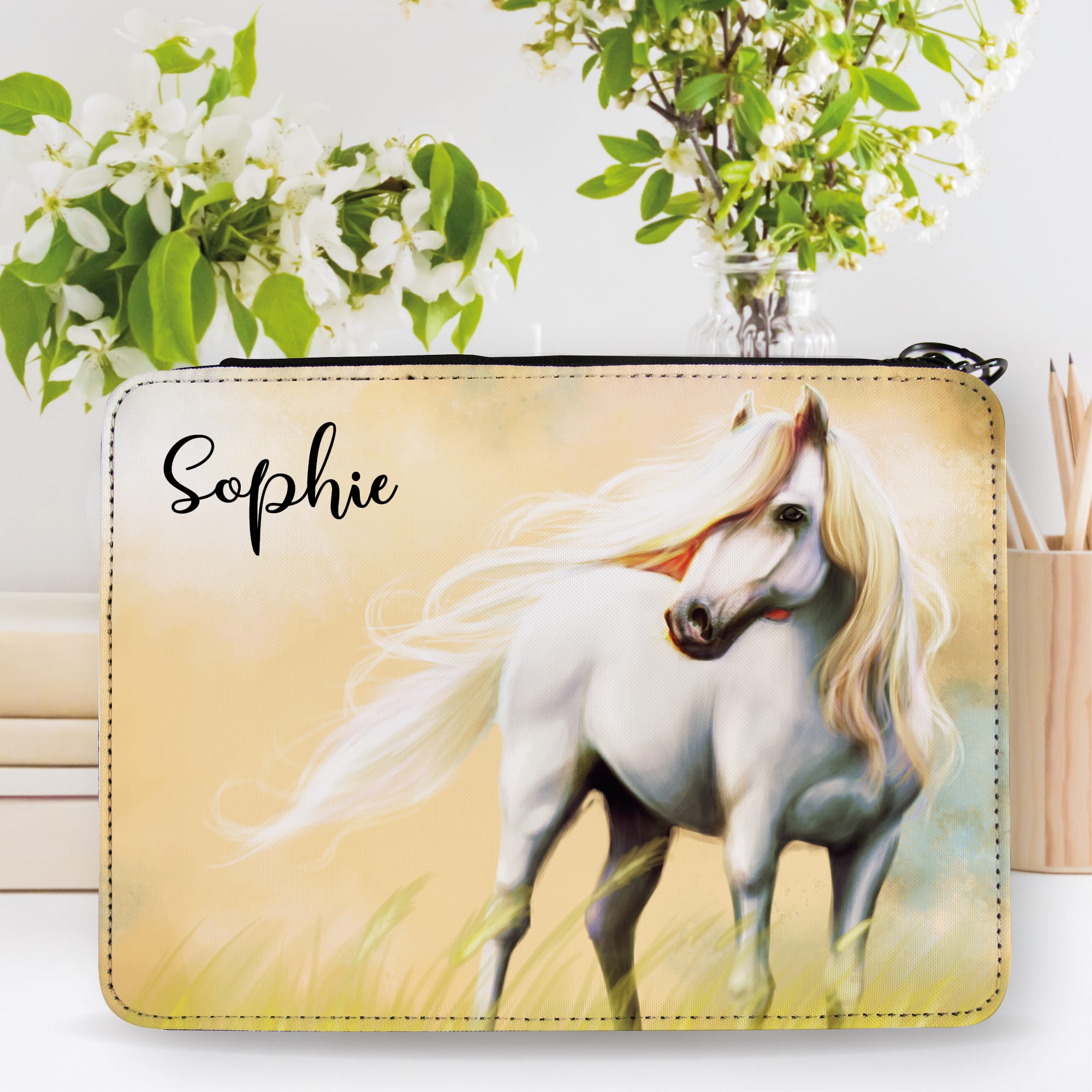 Gefüllte Federtasche Federmäppchen Pferd gelb personalisiert Wunschname Mädchen Einschulung