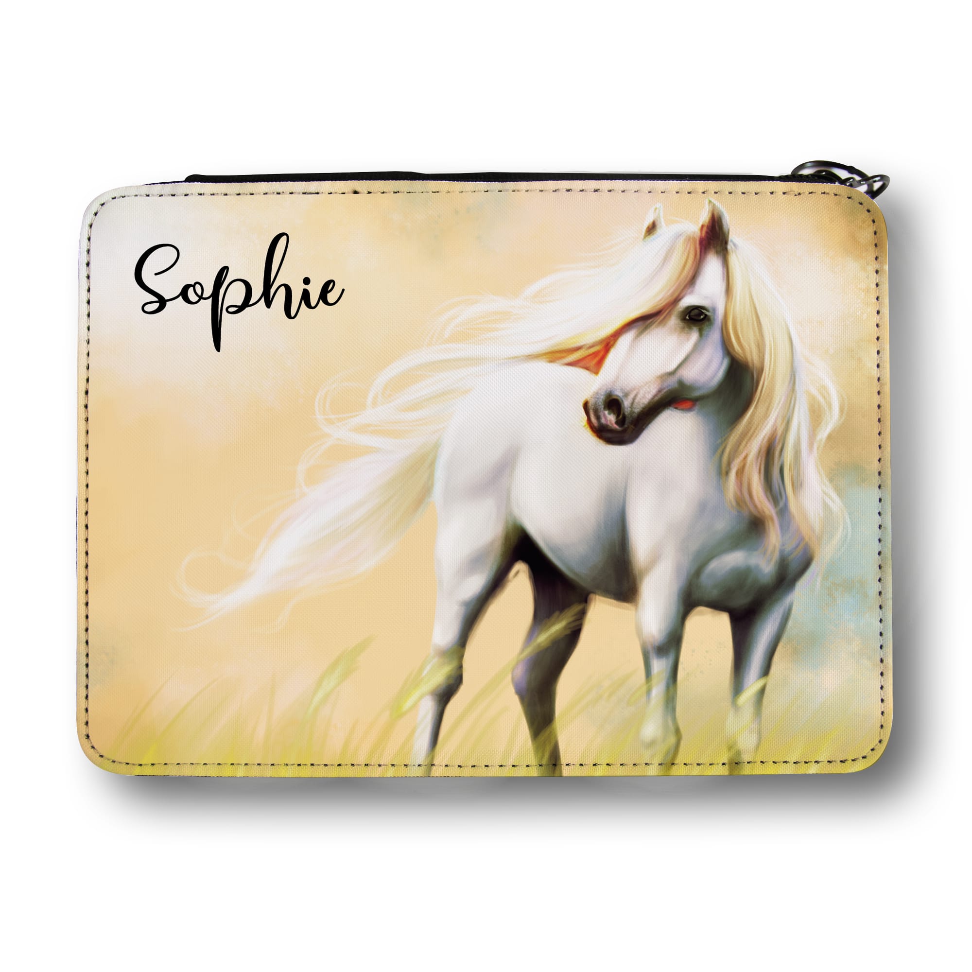 Auf dem Bild ist das Produkt: Gefüllte Federtasche Federmäppchen Pferd gelb personalisiert Wunschname Mädchen Einschulung zum Preis von €29.9 abgebildet.