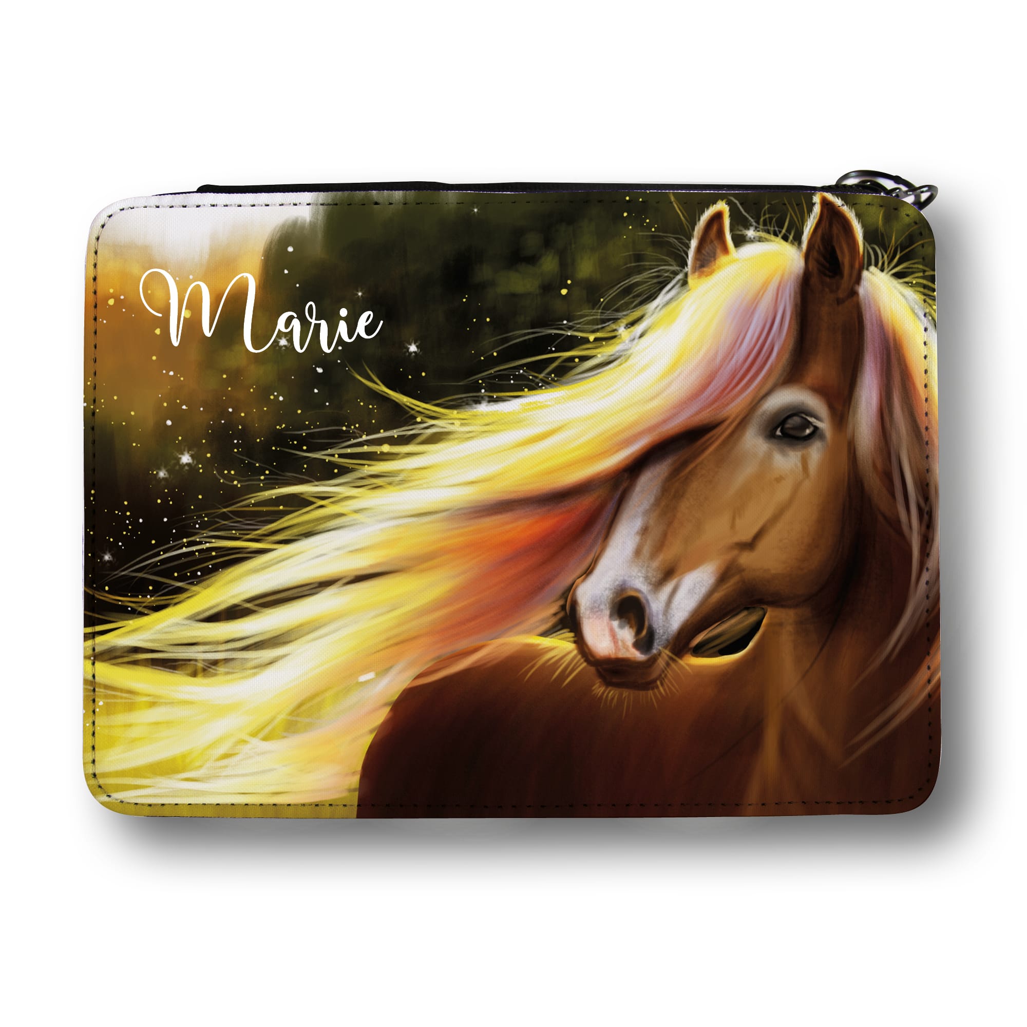 Auf dem Bild ist das Produkt: Gefüllte Federtasche Federmäppchen Pferd personalisiert Wunschname Mädchen Geschenk Geburtstag Einschulungsgeschenk zum Preis von €29.9 abgebildet.