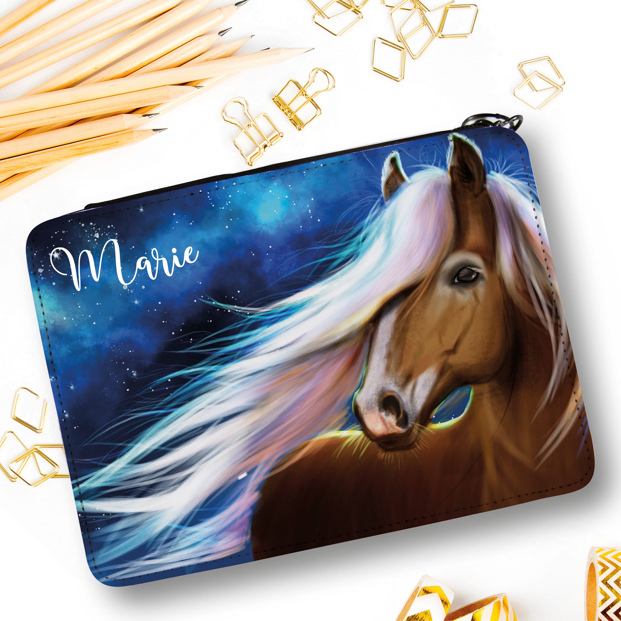 Gefüllte Federtasche Federmäppchen Pferd blau personalisiert Wunschname Mädchen Schulanfang Schule Einschulungsgeschenk