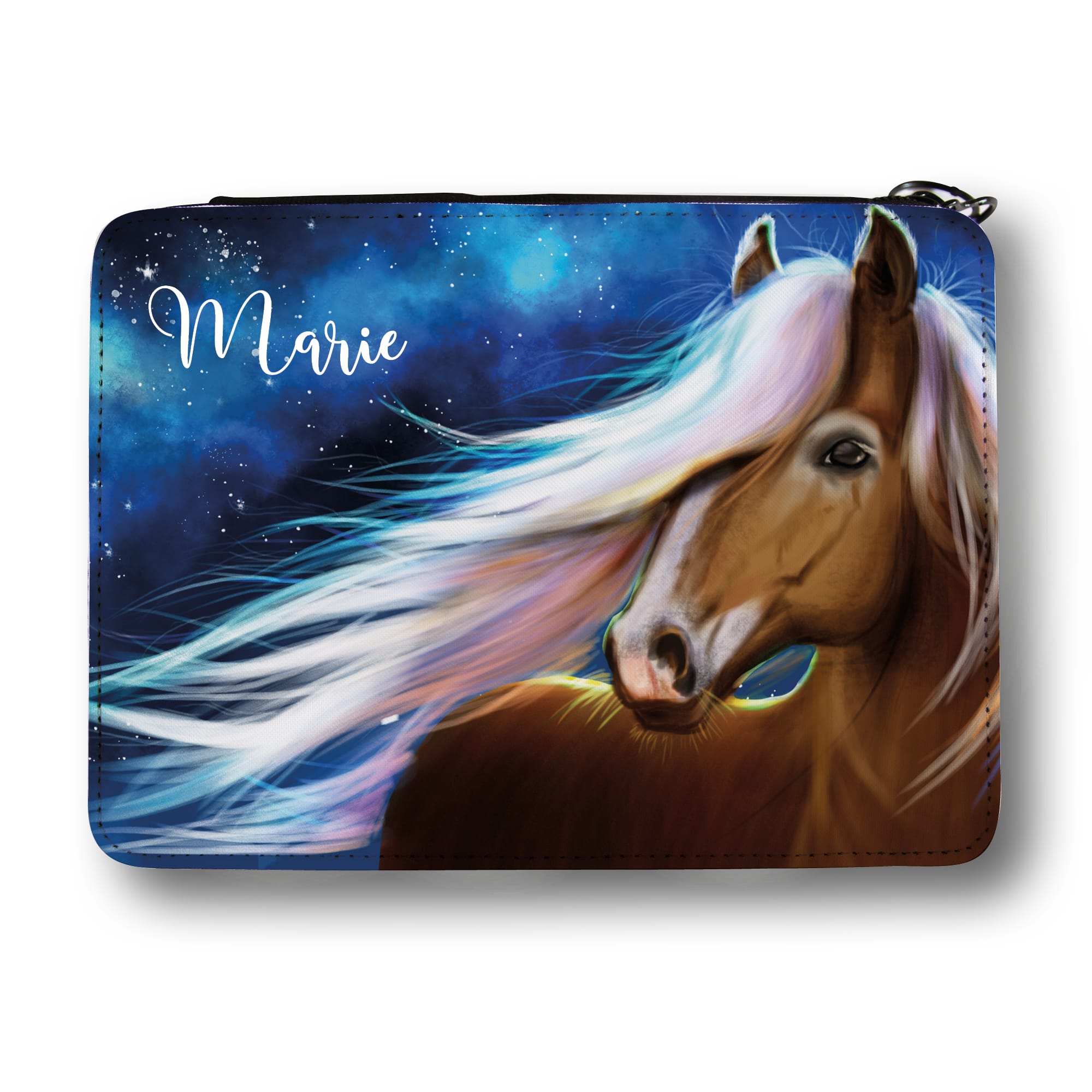 Auf dem Bild ist das Produkt: Gefüllte Federtasche Federmäppchen Pferd blau personalisiert Wunschname Mädchen Schulanfang Schule Einschulungsgeschenk zum Preis von €29.9 abgebildet.
