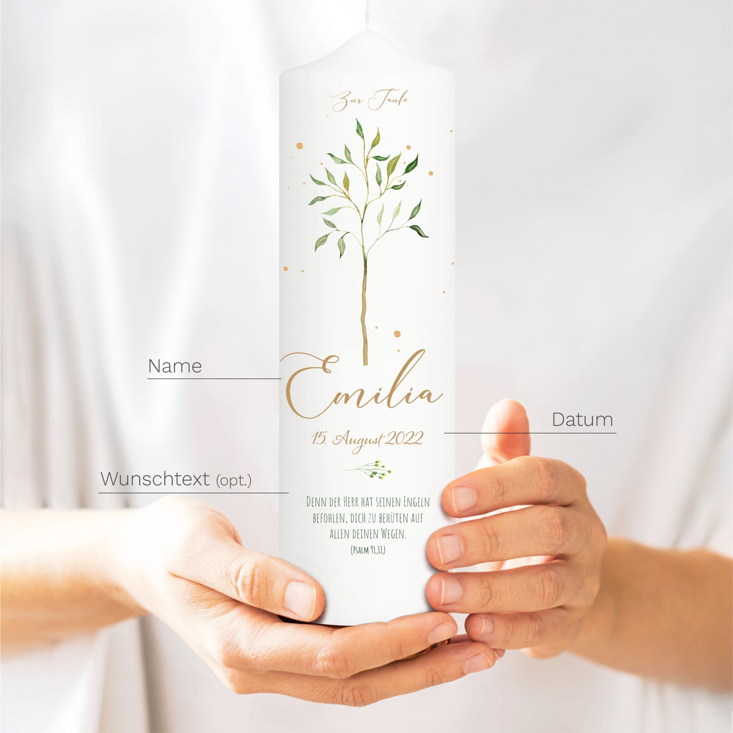 Auf dem Bild ist das Produkt: Taufkerze oder Kerze zur Geburt Junge Mädchen junger Baum Bäumchen pastell mit Namen Datum und Spruch zum Preis von €5.9 abgebildet.