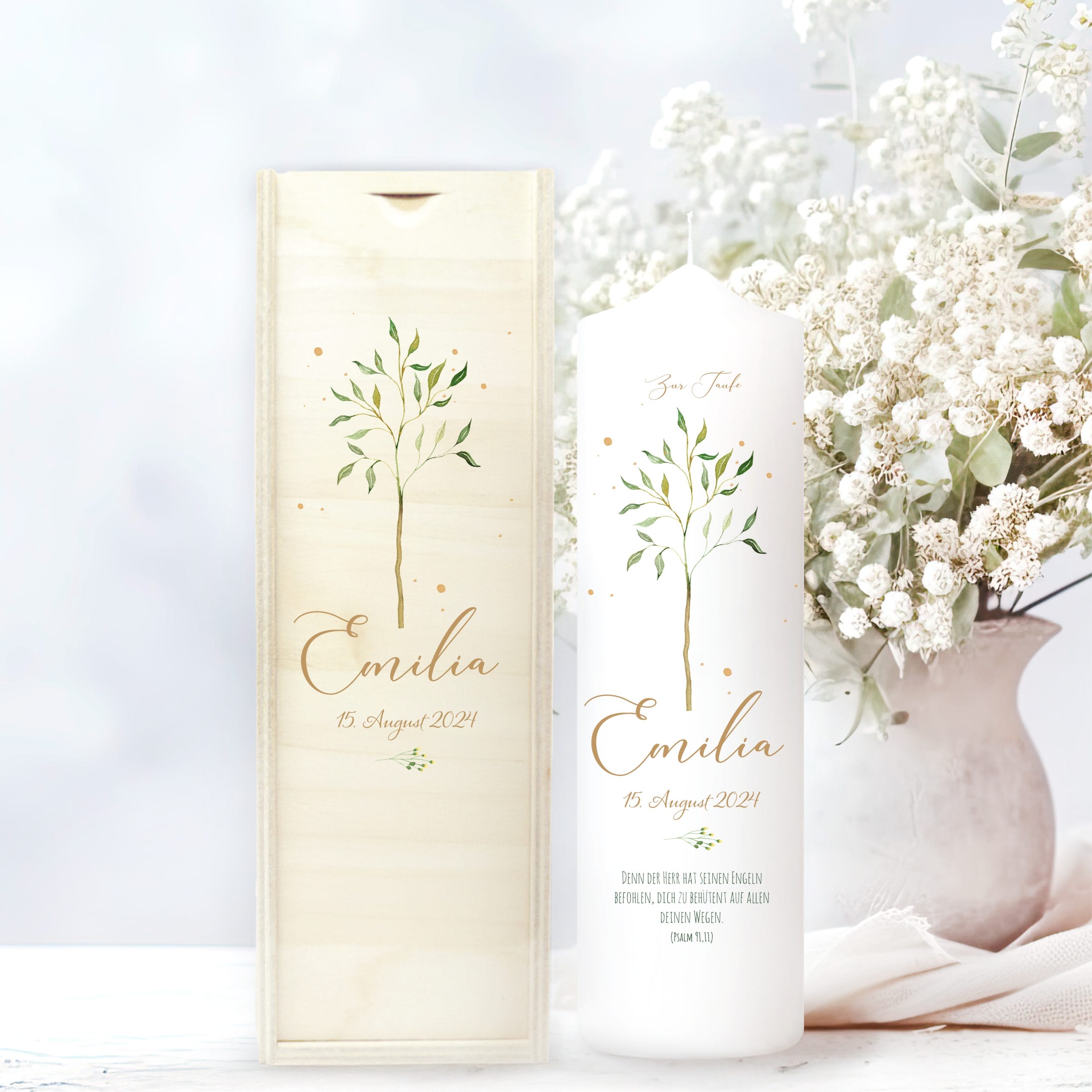 Taufkerze oder Kerze zur Geburt Junge Mädchen junger Baum Bäumchen pastell mit Namen Datum und Spruch