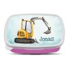 Auf dem Bild ist das Produkt: Brotdose gelber Bagger personalisiert mit Wunschnamen Schule Geschenk Einschulung Geburtstag zum Preis von €19.90 abgebildet.