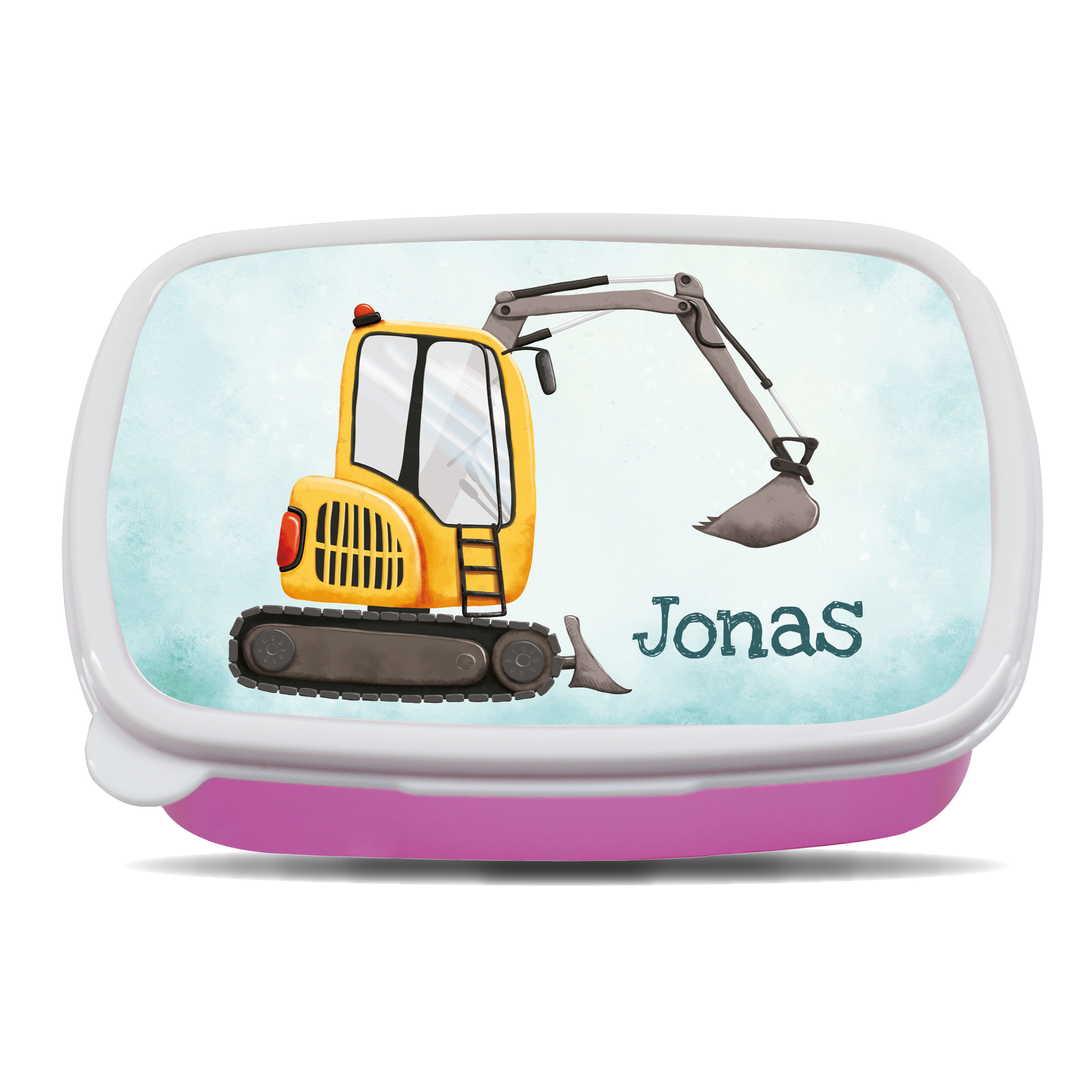 Auf dem Bild ist das Produkt: Brotdose gelber Bagger personalisiert mit Wunschnamen Schule Geschenk Einschulung Geburtstag zum Preis von €19.90 abgebildet.