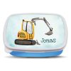 Auf dem Bild ist das Produkt: Brotdose gelber Bagger personalisiert mit Wunschnamen Schule Geschenk Einschulung Geburtstag zum Preis von €19.90 abgebildet.