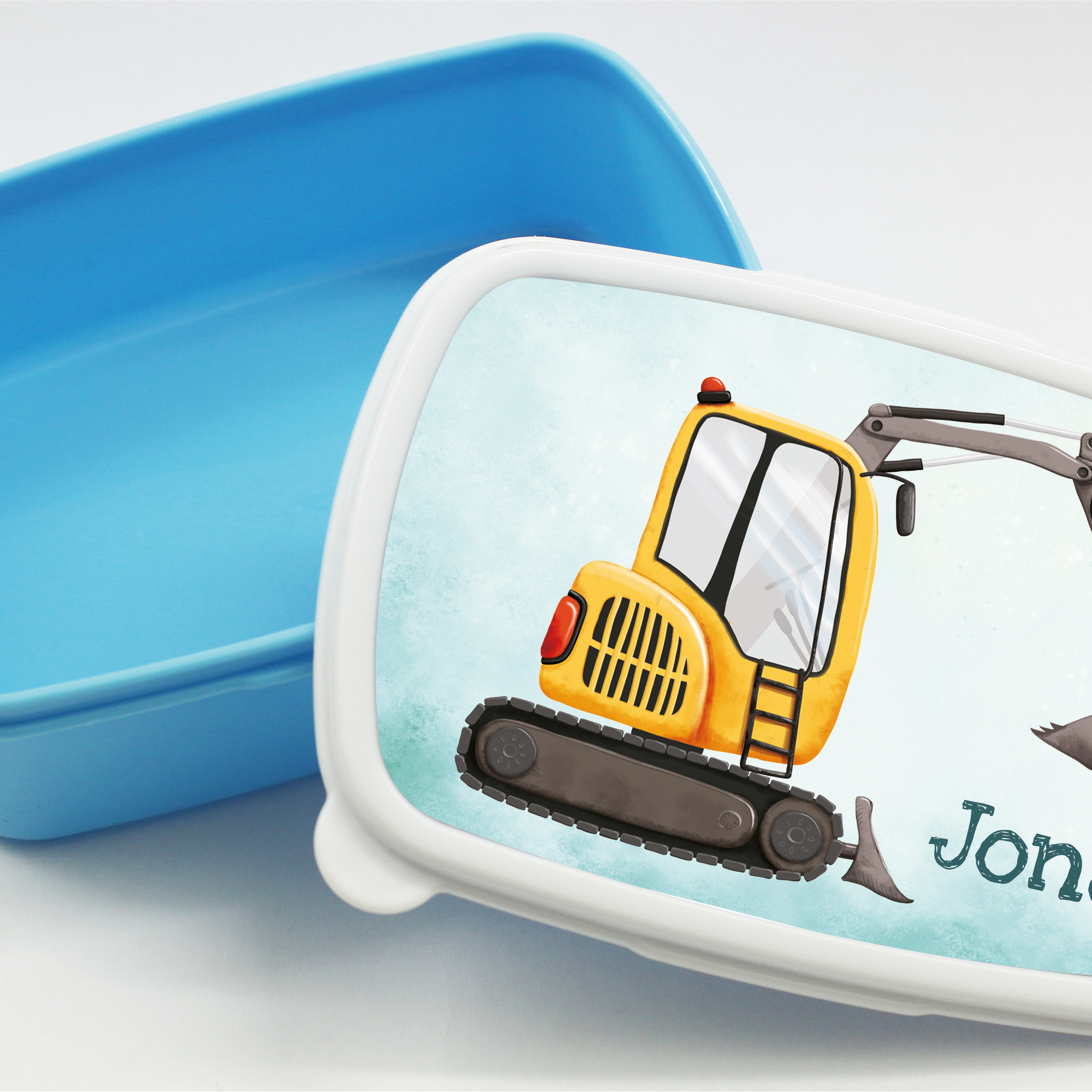 Auf dem Bild ist das Produkt: Brotdose gelber Bagger personalisiert mit Wunschnamen Schule Geschenk Einschulung Geburtstag zum Preis von €19.90 abgebildet.