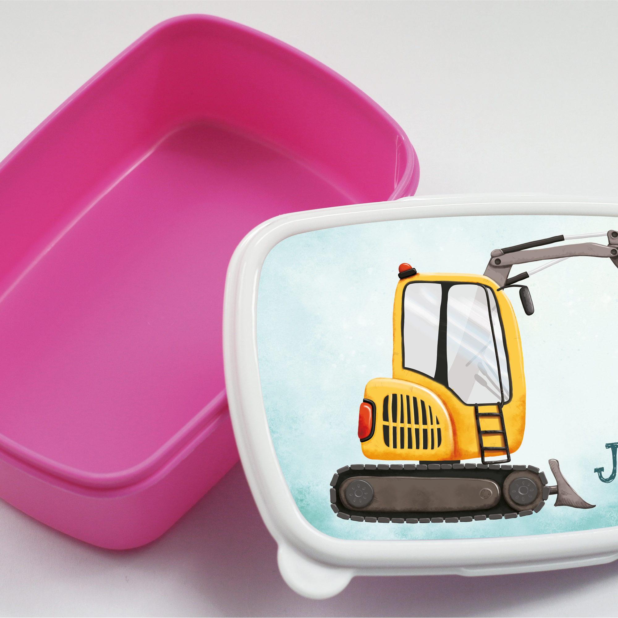 Auf dem Bild ist das Produkt: Brotdose gelber Bagger personalisiert mit Wunschnamen Schule Geschenk Einschulung Geburtstag zum Preis von €19.90 abgebildet.