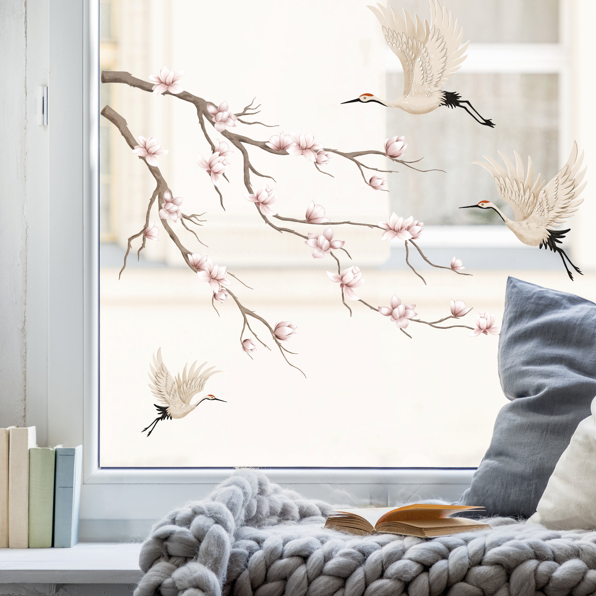 Fensterbild Frühling Magnolienzweig mit Kranichen bunt farbig wiederverwendbare Fensteraufkleber Kinderzimmer Baby Kind, Osterdeko