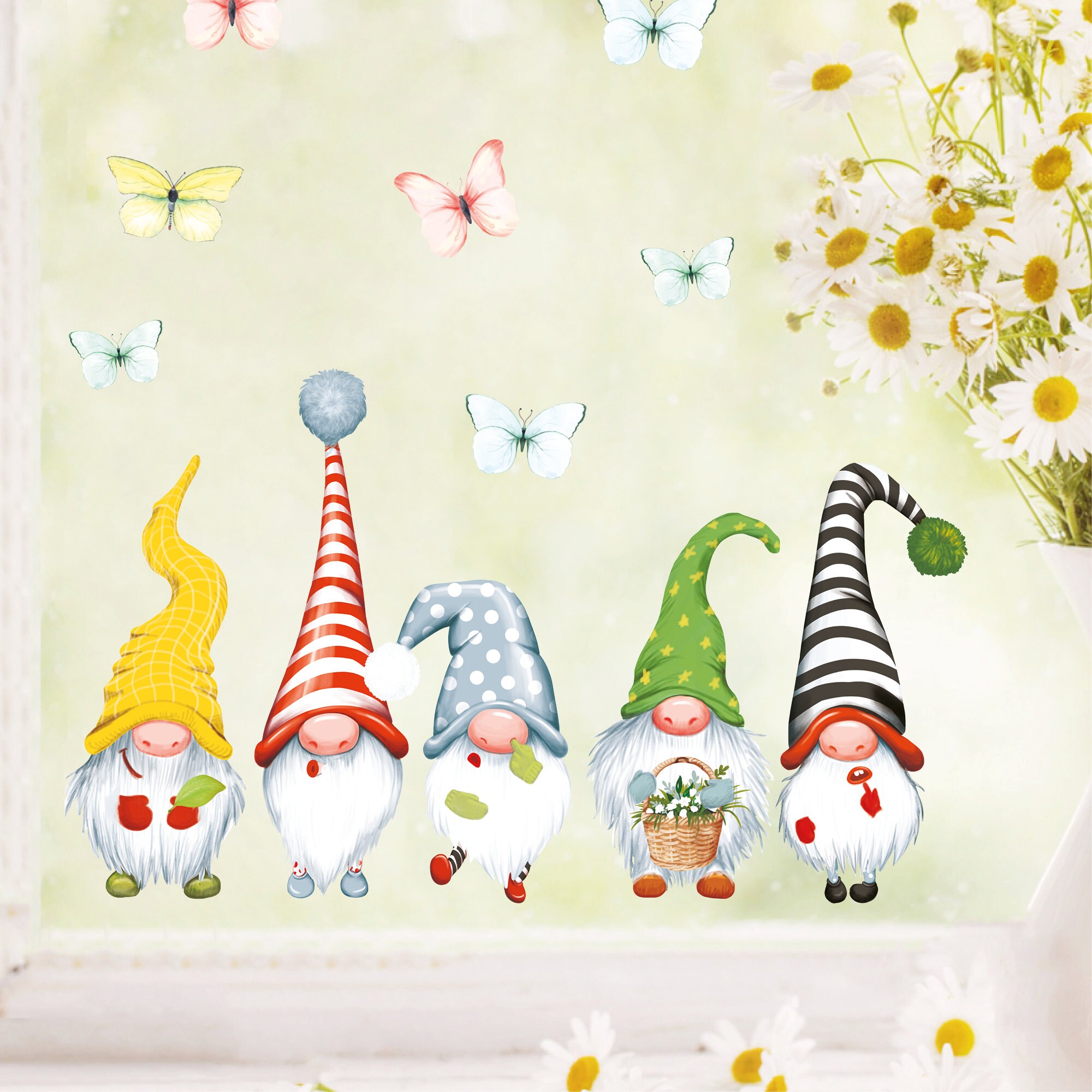 Fensterbild Frühling Ostern 5 Zwerge Schmetterlinge Fensterdeko Kinderzimmer Kind Frühlingsdeko Osterdeko