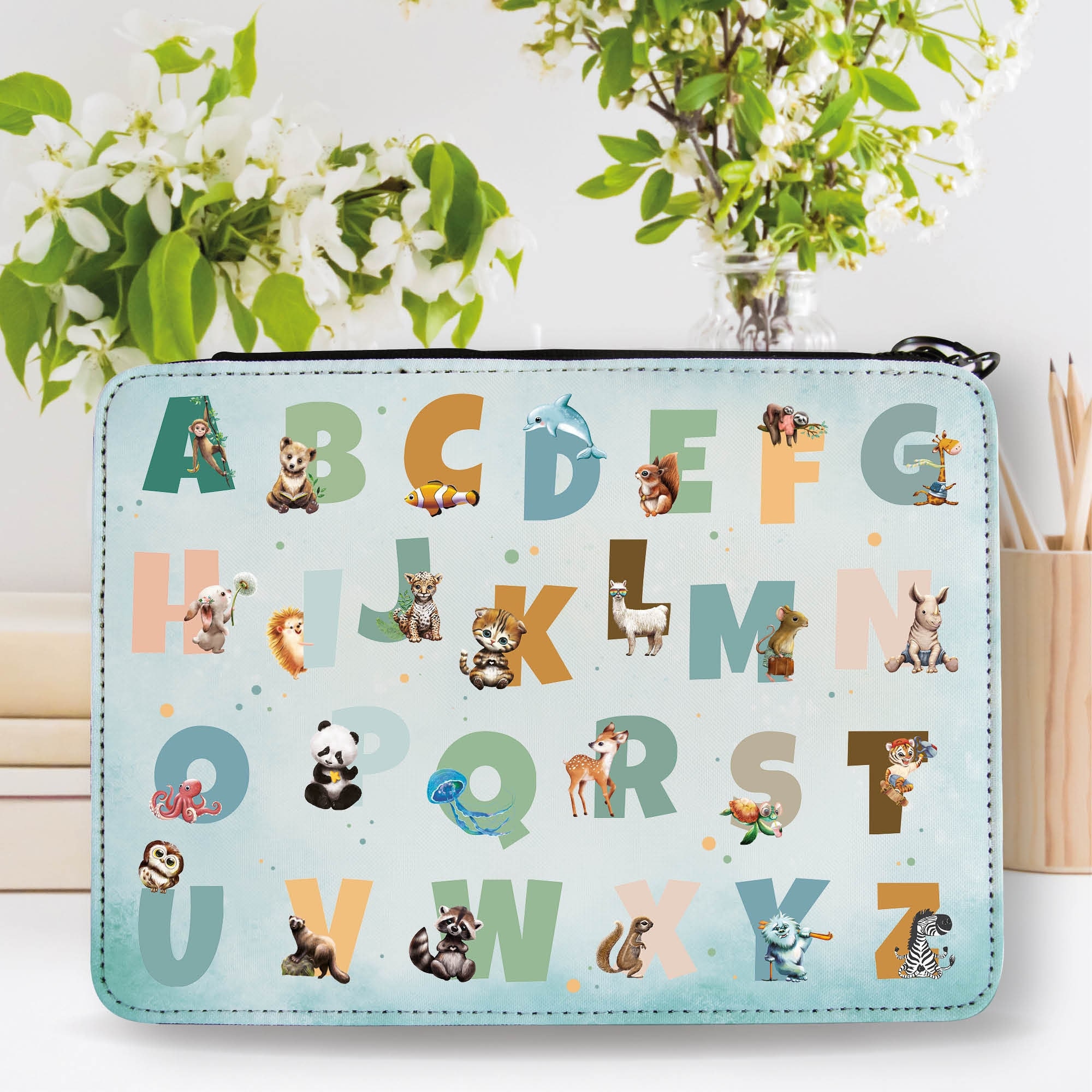 Gefüllte Federtasche Federmäppchen Alphabet und Tiere, Schulkind Schulanfang Schule, Einschulungsgeschenk