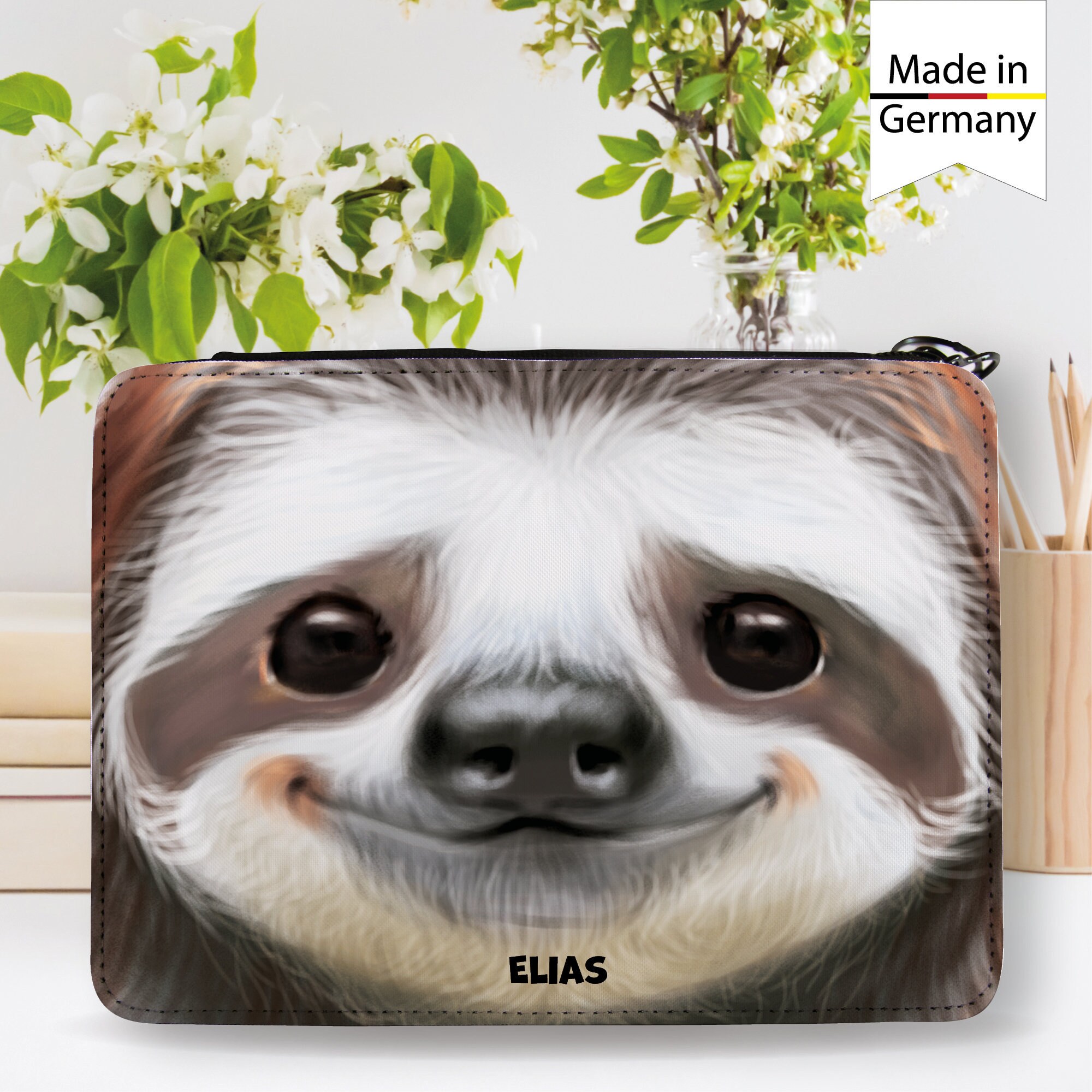 Gefüllte Federtasche Federmappe mit einem Faultier personalisiert mit Wunschnamen, Geschenk Geburtstag, Einschulungsgeschenk