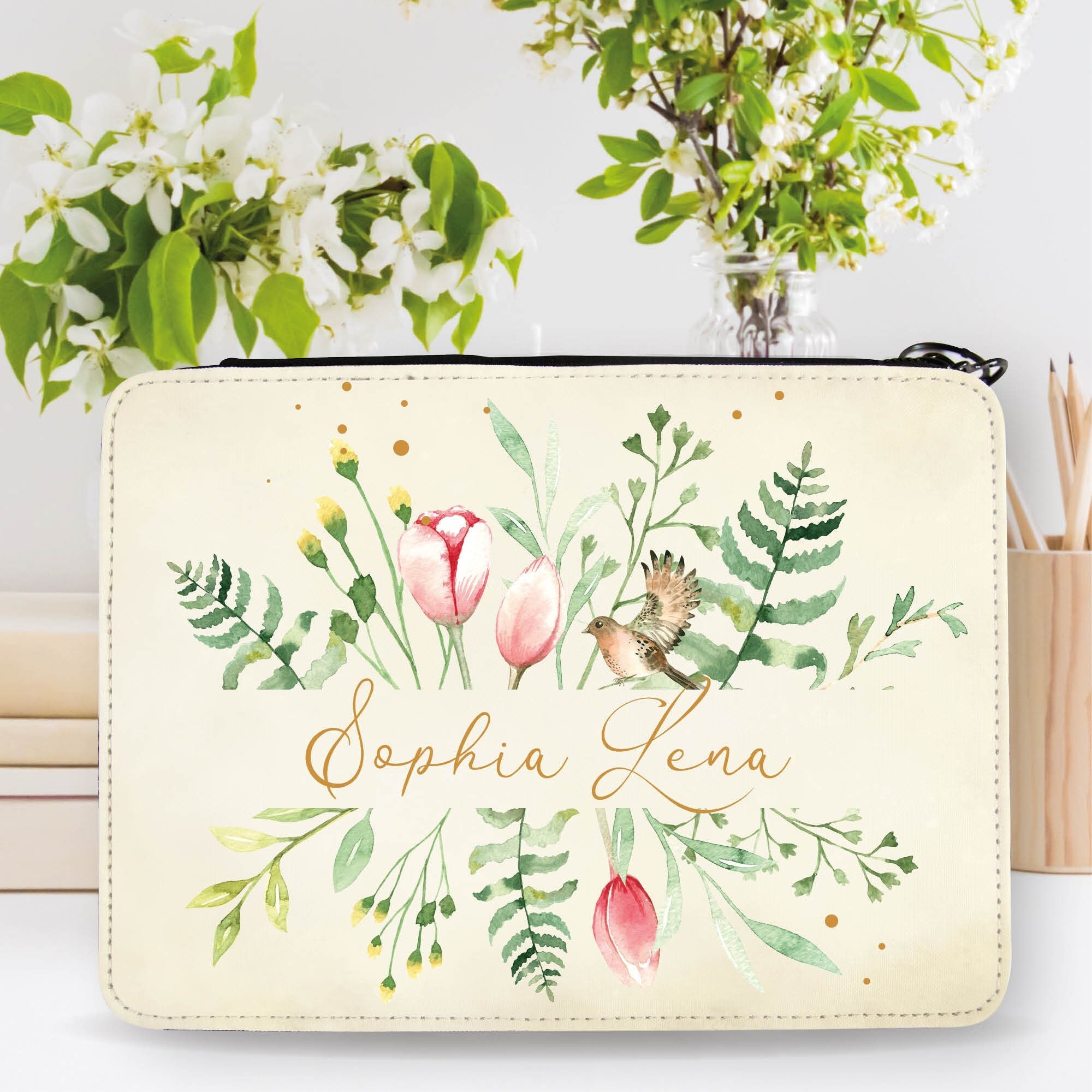 Gefüllte Federtasche Federmappe mit floralem Motiv mit Wildblumen personalisiert mit Wunschnamen