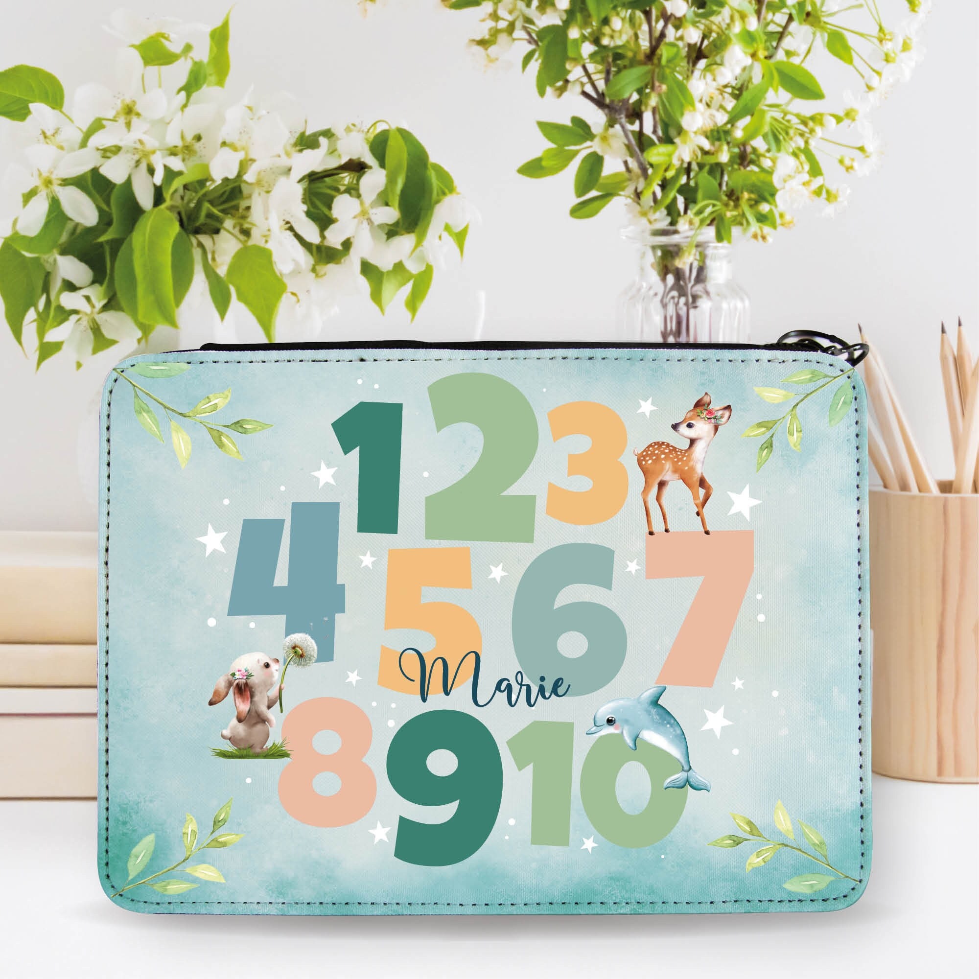 Gefüllte personalisierte Federtasche Federmäppchen Zahlen und Tiere, Schulkind Schulanfang Schule, Weihnachtsgeschenk