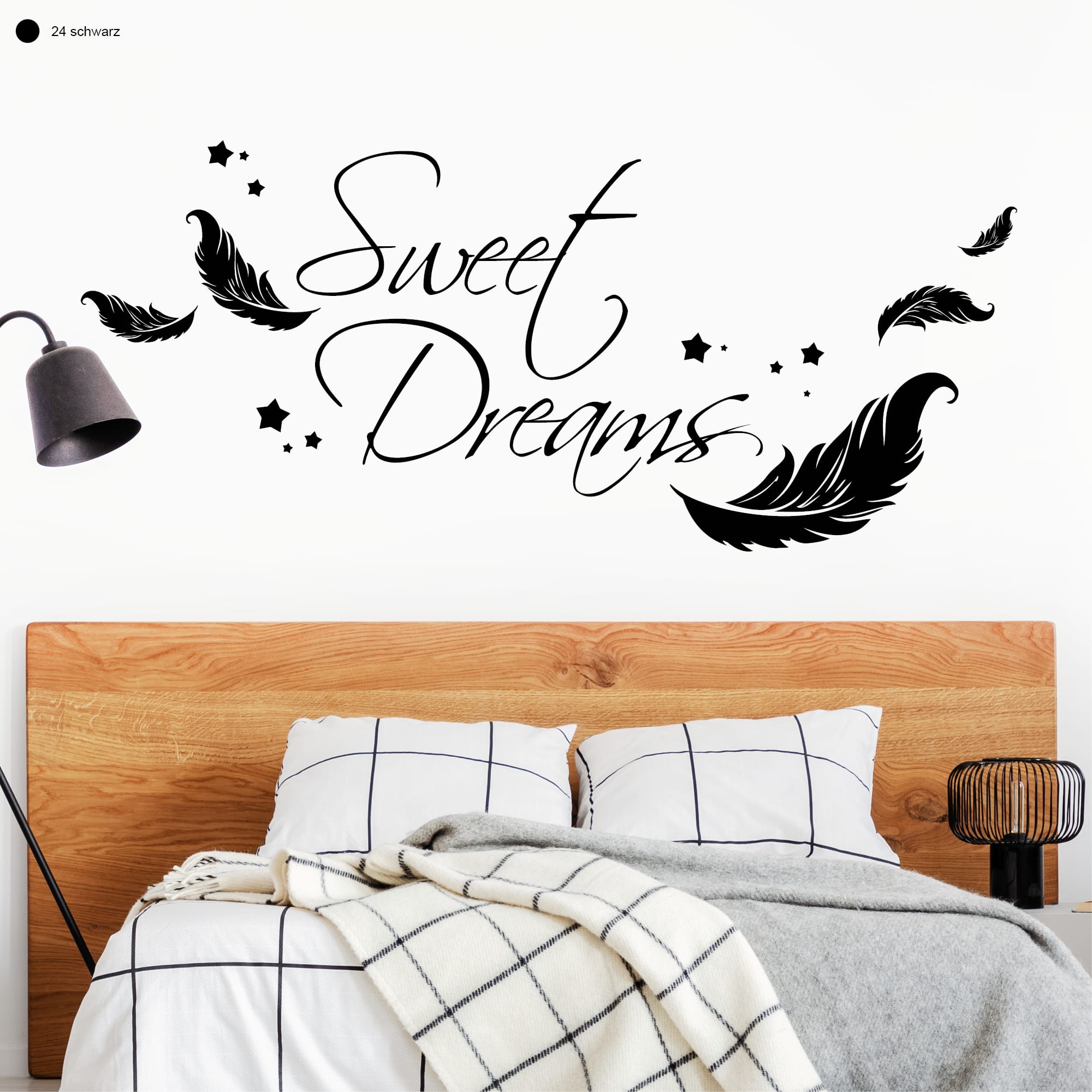 Auf dem Bild ist das Produkt: Wandtattoo Sweet Dreams Federn Sterne Wandaufkleber Wohndekoration Spruch Süße Träume Schriftzug zum Preis von €24.90 abgebildet.