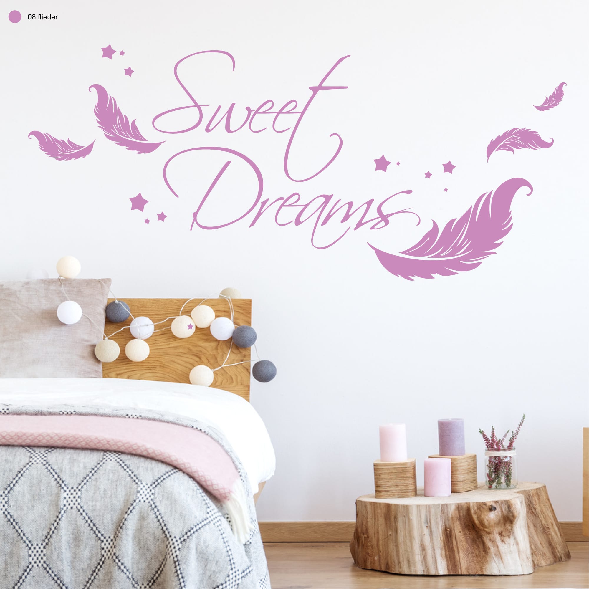 Auf dem Bild ist das Produkt: Wandtattoo Sweet Dreams Federn Sterne Wandaufkleber Wohndekoration Spruch Süße Träume Schriftzug zum Preis von €24.90 abgebildet.