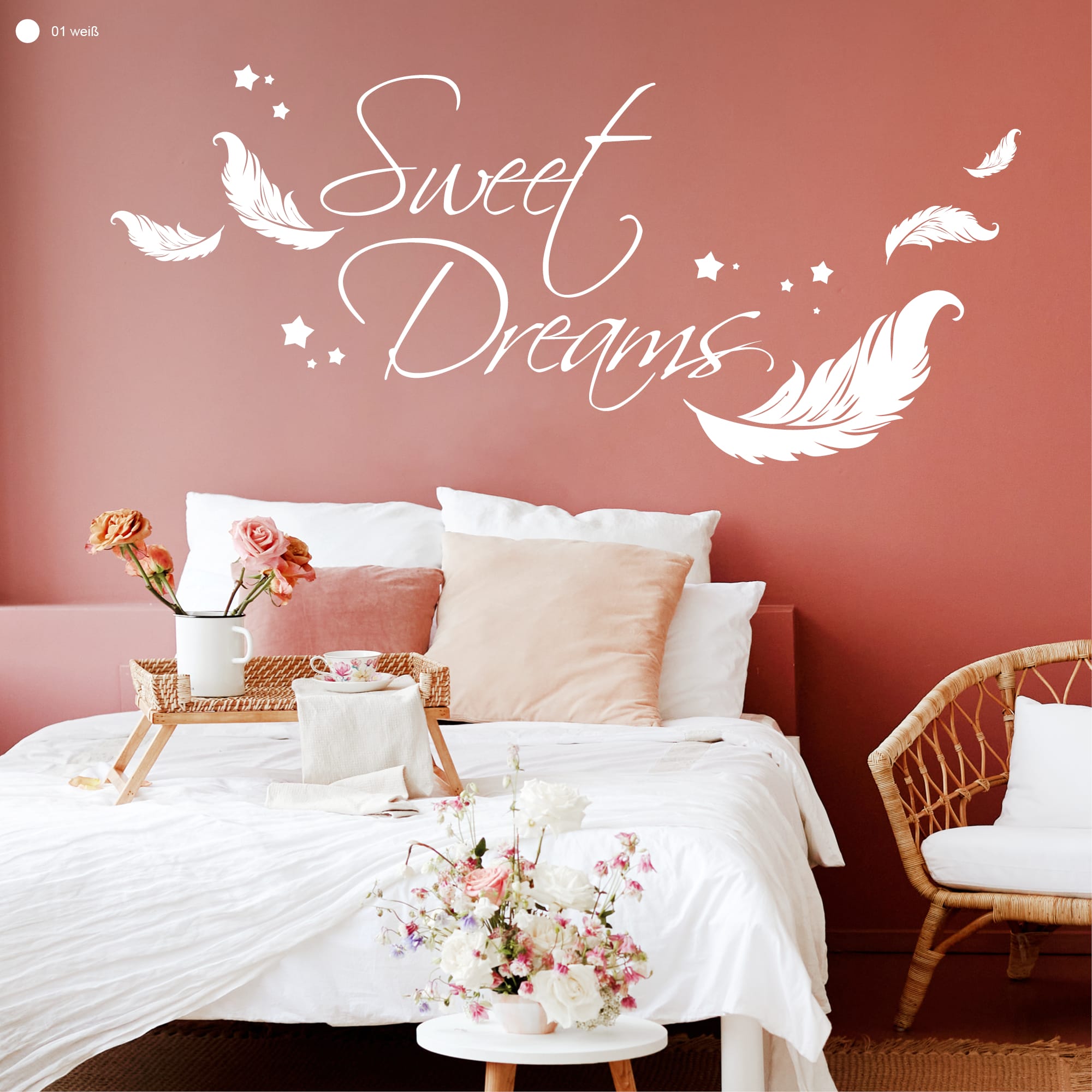 Auf dem Bild ist das Produkt: Wandtattoo Sweet Dreams Federn Sterne Wandaufkleber Wohndekoration Spruch Süße Träume Schriftzug zum Preis von €24.90 abgebildet.