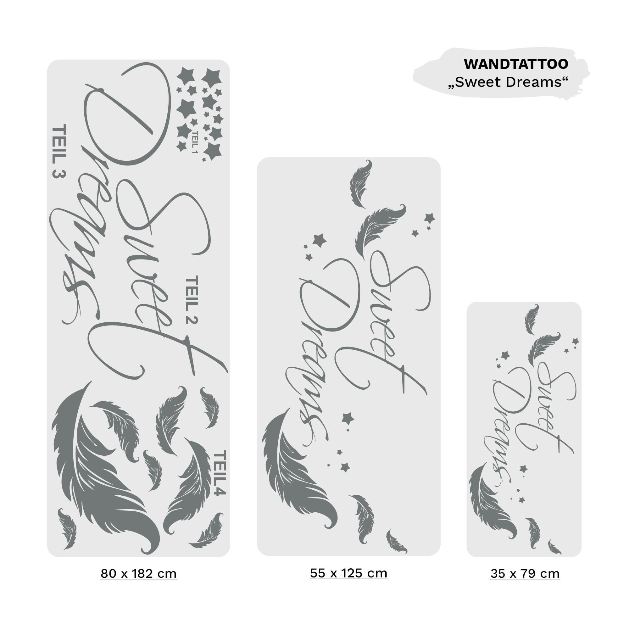 Auf dem Bild ist das Produkt: Wandtattoo Sweet Dreams Federn Sterne Wandaufkleber Wohndekoration Spruch Süße Träume Schriftzug zum Preis von €24.90 abgebildet.