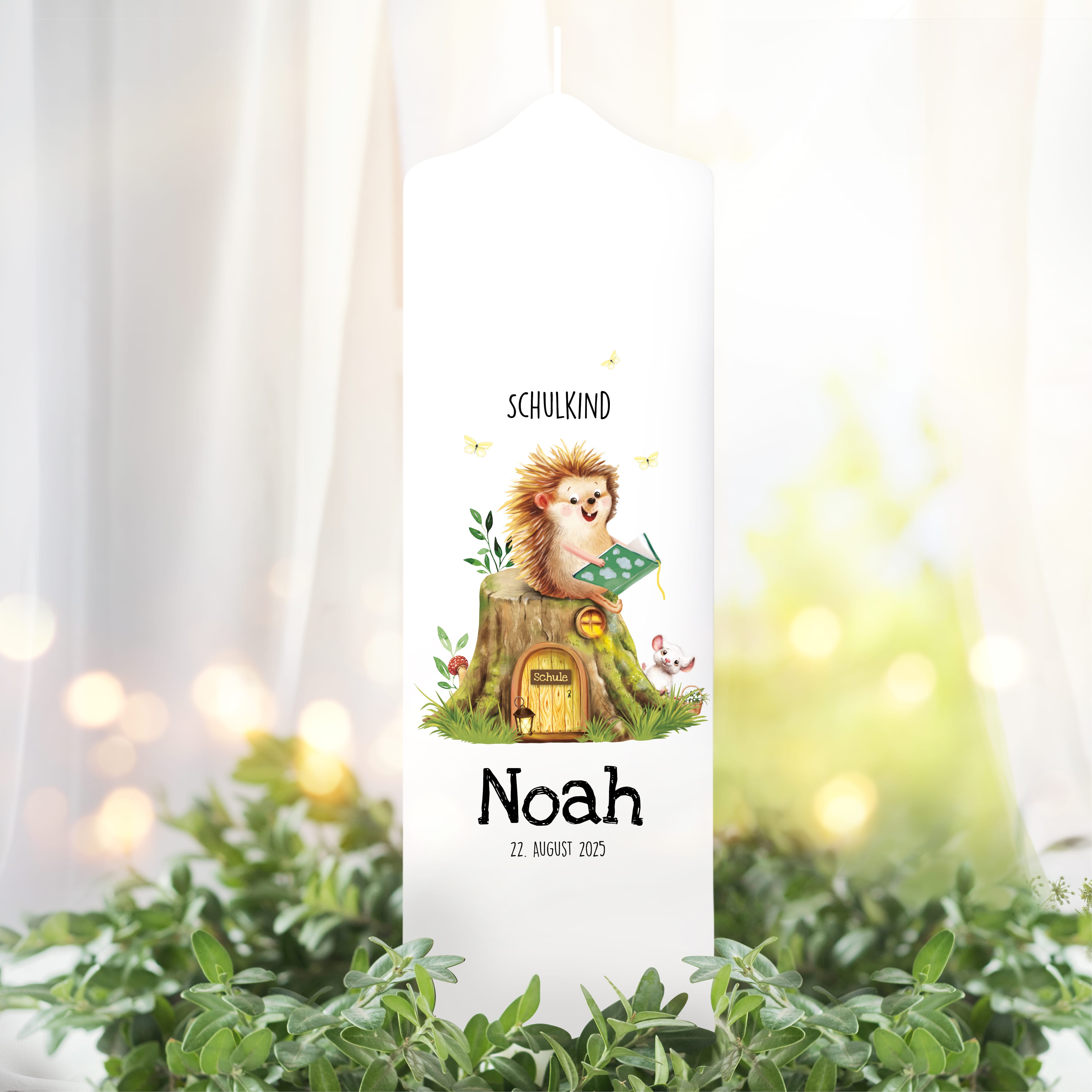 Auf dem Bild ist das Produkt: Kerze zur Einschulung mit Igel und Buch personalisiert mit Namen und Datum 1. Schultag Einschulungsgeschenk individualisierbar zum Preis von €5.9 abgebildet.