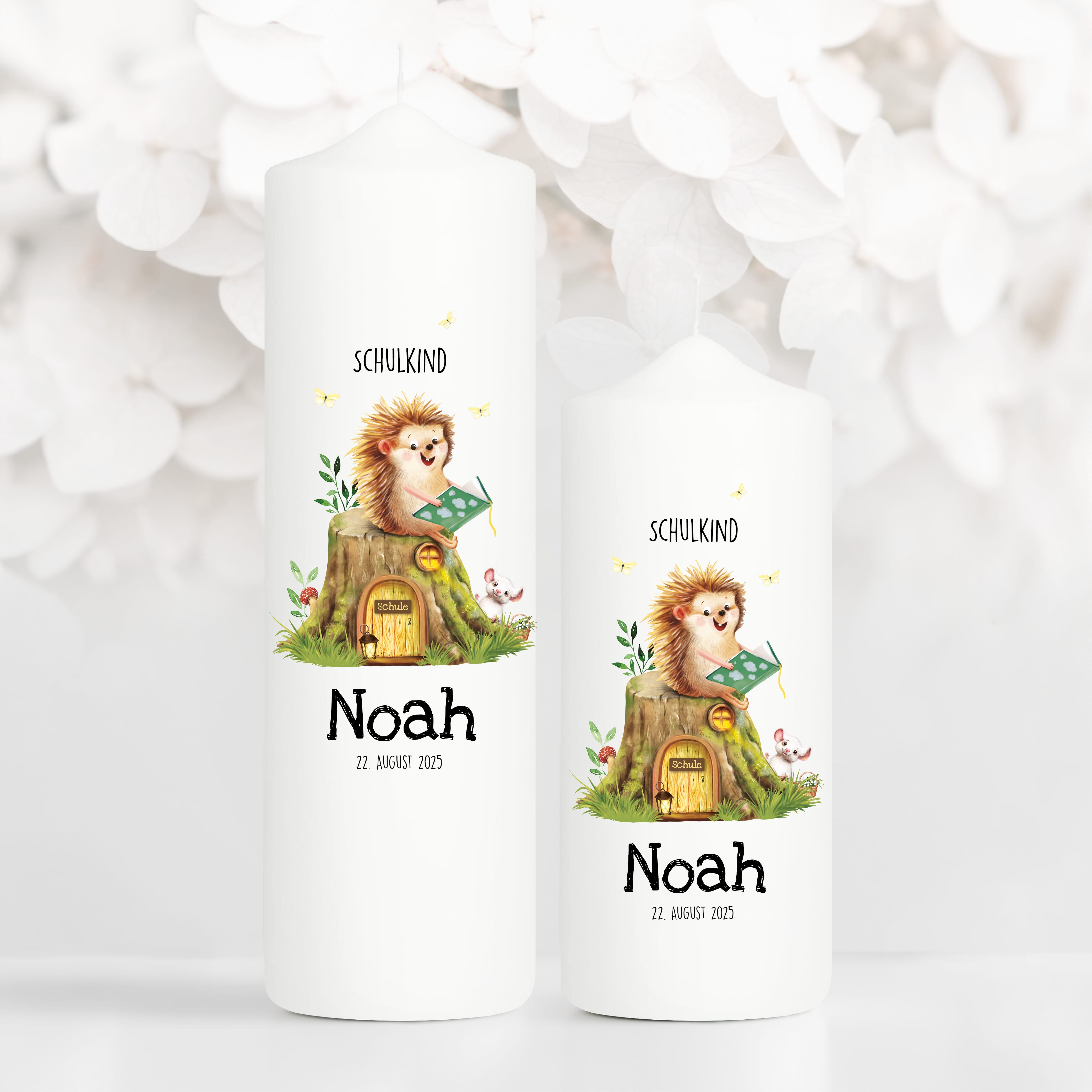 Auf dem Bild ist das Produkt: Kerze zur Einschulung mit Igel und Buch personalisiert mit Namen und Datum 1. Schultag Einschulungsgeschenk individualisierbar zum Preis von €5.9 abgebildet.